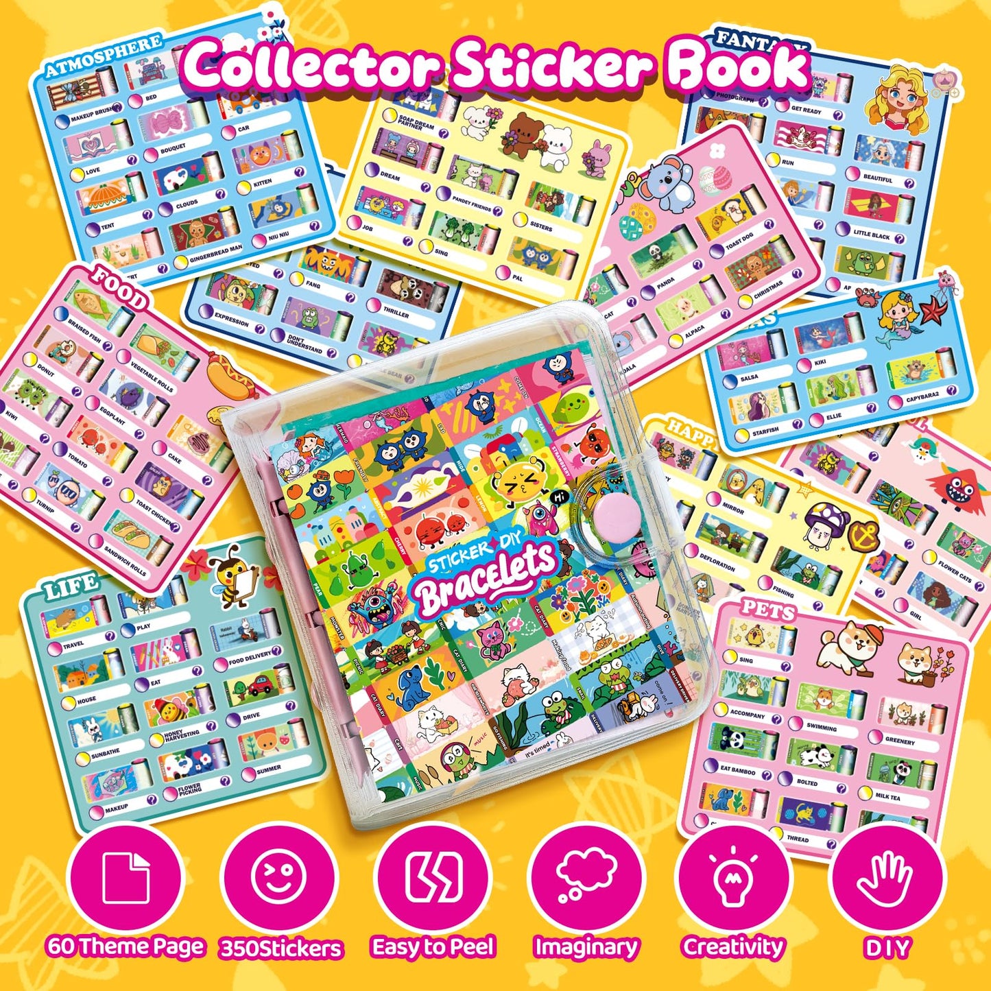jhtigre Sticker Bracelet for Kids,Bracelet with 700pcs Shareable Sticker 14 Fun Pendants & Collection Book,Arts and Craft Stickers for Girls Birthday Gift, Jewelry Making Bracelets Kit