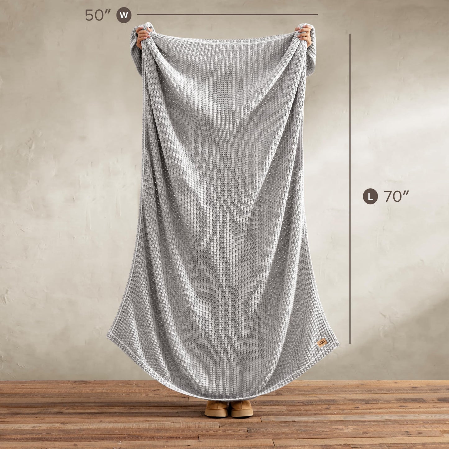 UGG Luna Knit Blanket Throw Cotton Chunky Soft Throw for Couch or Bed Cozy Warm Waffle Giftable Lightweight Blanket for Living Room Bedroom or Dorm Machine Washable, 50-inch x 70-inch, Stone Grey