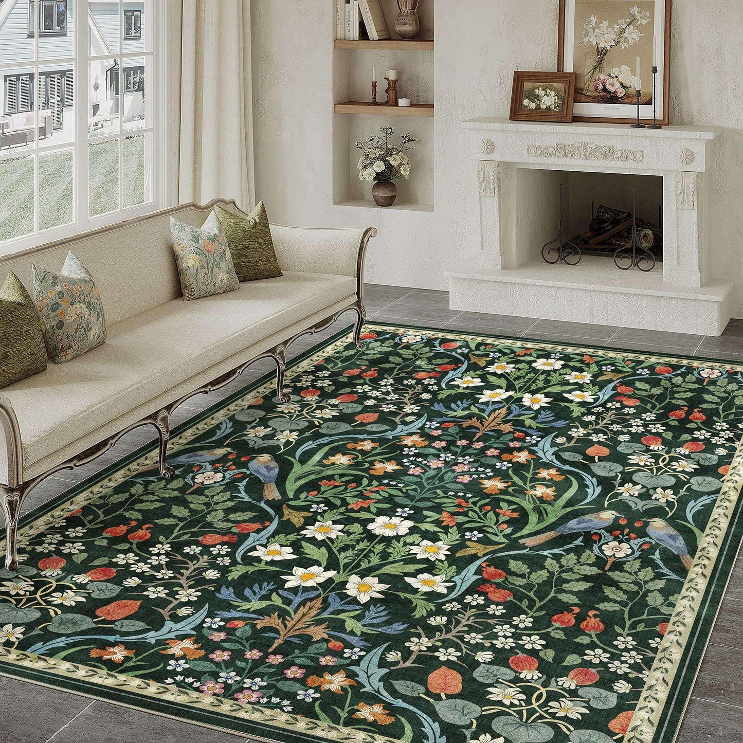 WondRg 6x9 Washable Dark Green Floral Area Rug for Living Room Soft Non-Slip Large Rug for Kids Room Boho Low Pile Stain Resistant Carpet for Bedroom Kitchen Office Dining Playroom Indoor