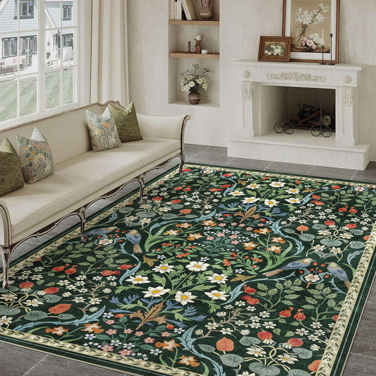 WondRg 6x9 Washable Dark Green Floral Area Rug for Living Room Soft Non-Slip Large Rug for Kids Room Boho Low Pile Stain Resistant Carpet for Bedroom Kitchen Office Dining Playroom Indoor