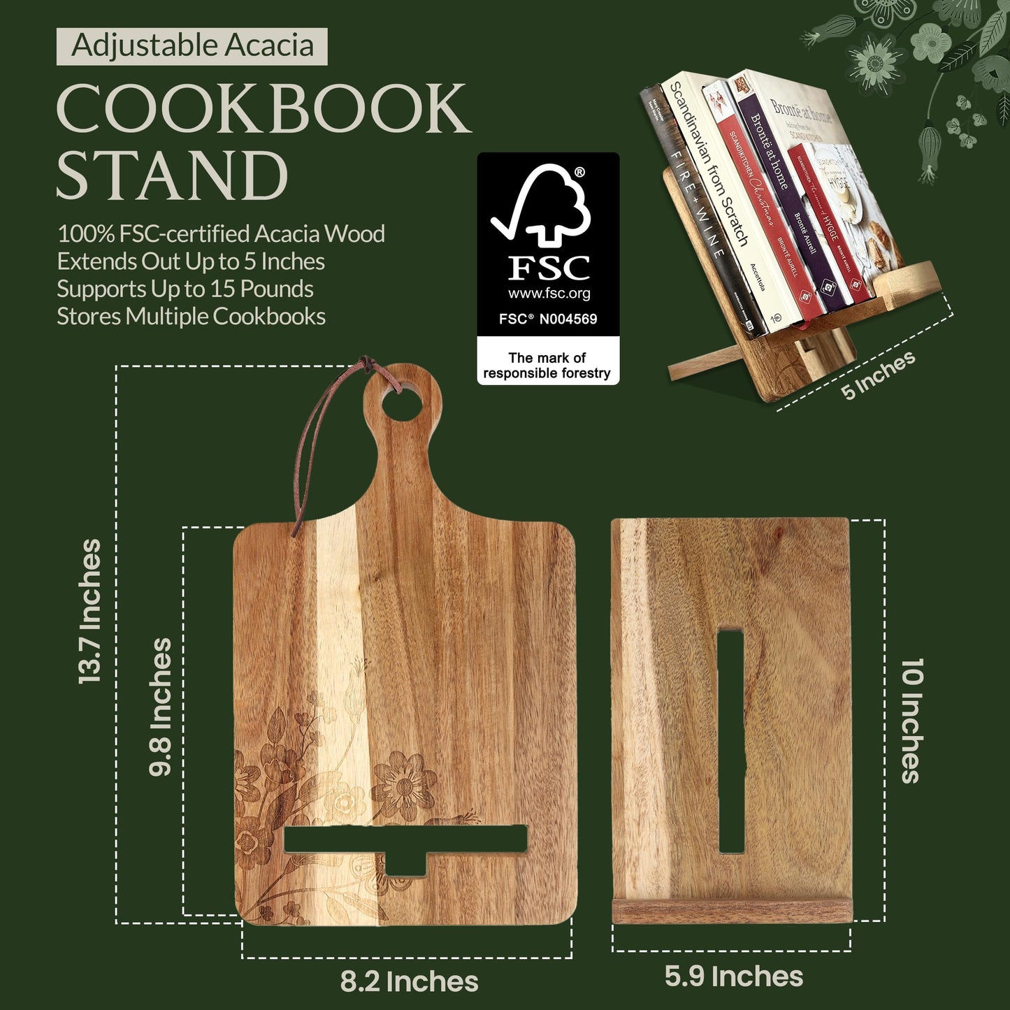 Wood Cookbook Stand for Kitchen Counter - Reversible Wooden Recipe Book Holder Stand with Cooking Measurement Conversion Card - Gift-Ready Adjustable Tablet Cook Book Holder with Charging Cable Slot