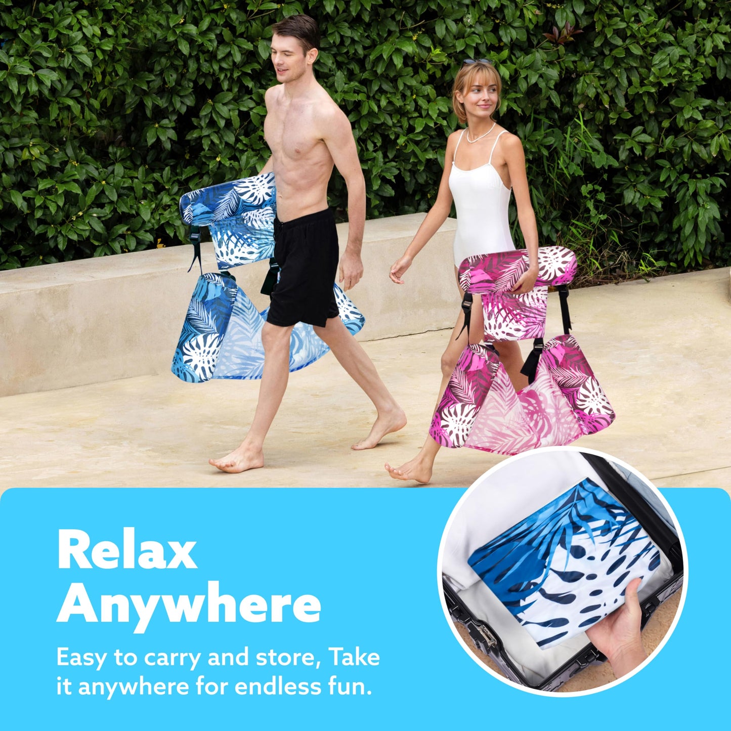 SLOOSH Inflatable Pool Floats Adult,2 Packs Floating Lounge Chairs,Blow up Pool Noodles for Adult Heavy Duty,Floating Chair for Party Summer Water Beach Lake Fun,Tropical Leaves-Pink,Blue