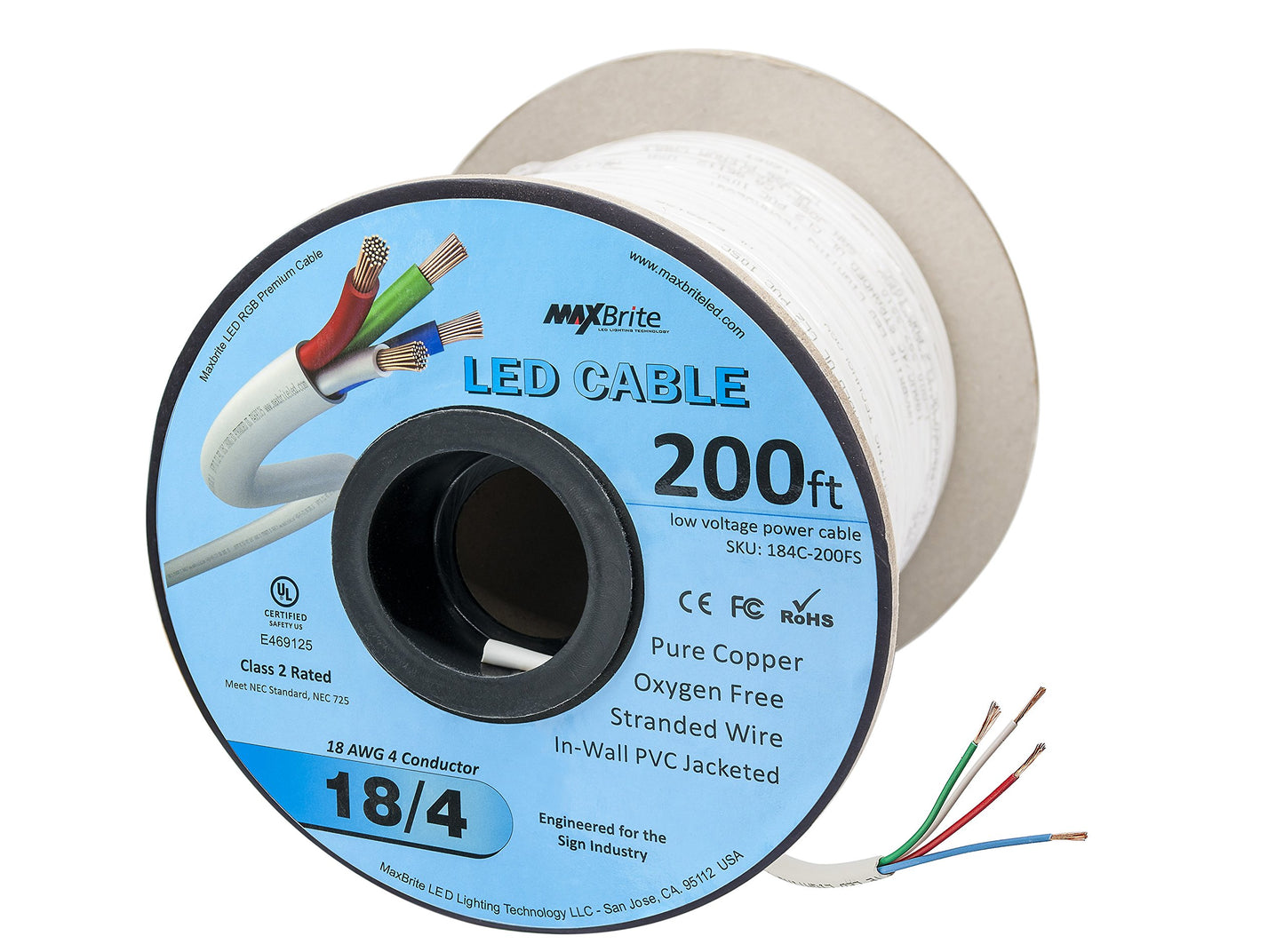 LED Cable 4 Conductor Jacketed in-Wall Speaker Wire UL/cUL Class 2 (200ft. Spool)
