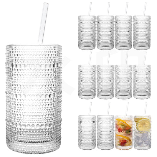 Dingerjar Upgraded Large Capacity 16 oz/480 ml Hobnail Glasses Drinking Set of 12 - Heavy Vintage Glassware