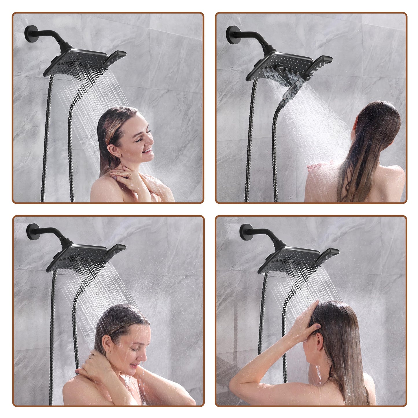 BRIGHT SHOWERS High Pressure Dual Shower Head Combo with Rainfall & Handheld, 4 Spray Settings, Tool-Free Installation, 60" Stainless Steel Hose, Matte Black
