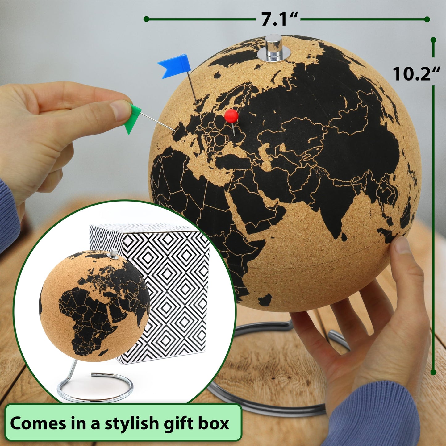 Vaudagio Beautiful Cork Globe with 102 Different Push Pins - Spinning Travel Globe 26cm / 10 inch High Made of Cork with Pin – as Travel Map & Gift Idea for Globetrotters
