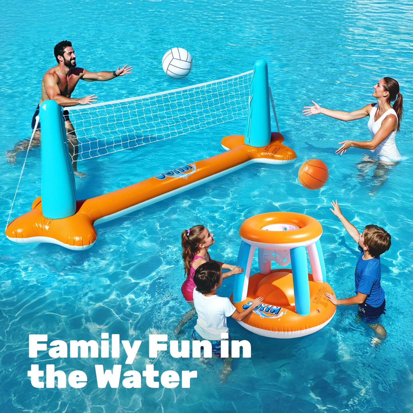 JOYIN Inflatable Pool Float Set Volleyball Net & Basketball Hoops; Balls Included for Kids and Adults Swimming Game Toy, Floating, Summer Floaties