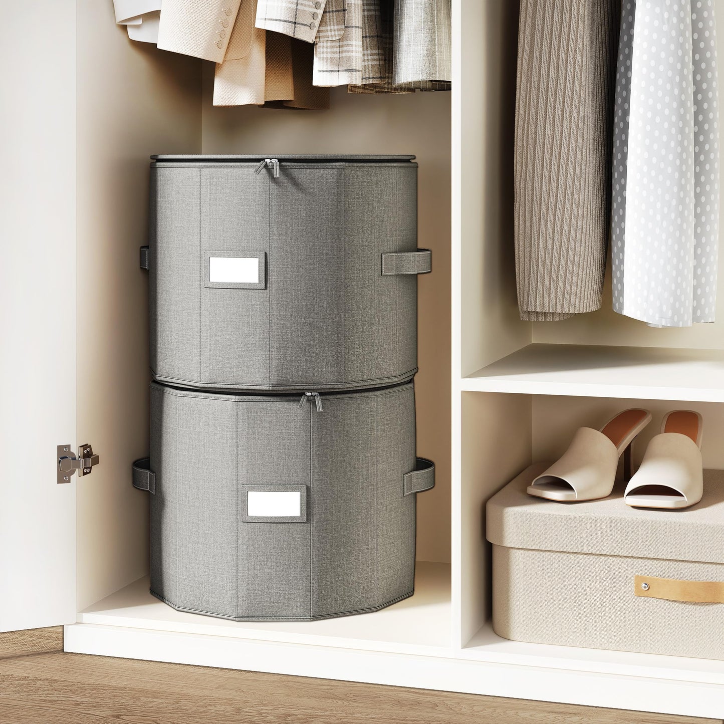 Vailando Shoe Organizer for Closet - Cylindrical Shoe Storage Organizer with Adjustable Dividers for Closet, Foldable Shoe Storage Box, Gray, 2-Pack, Large