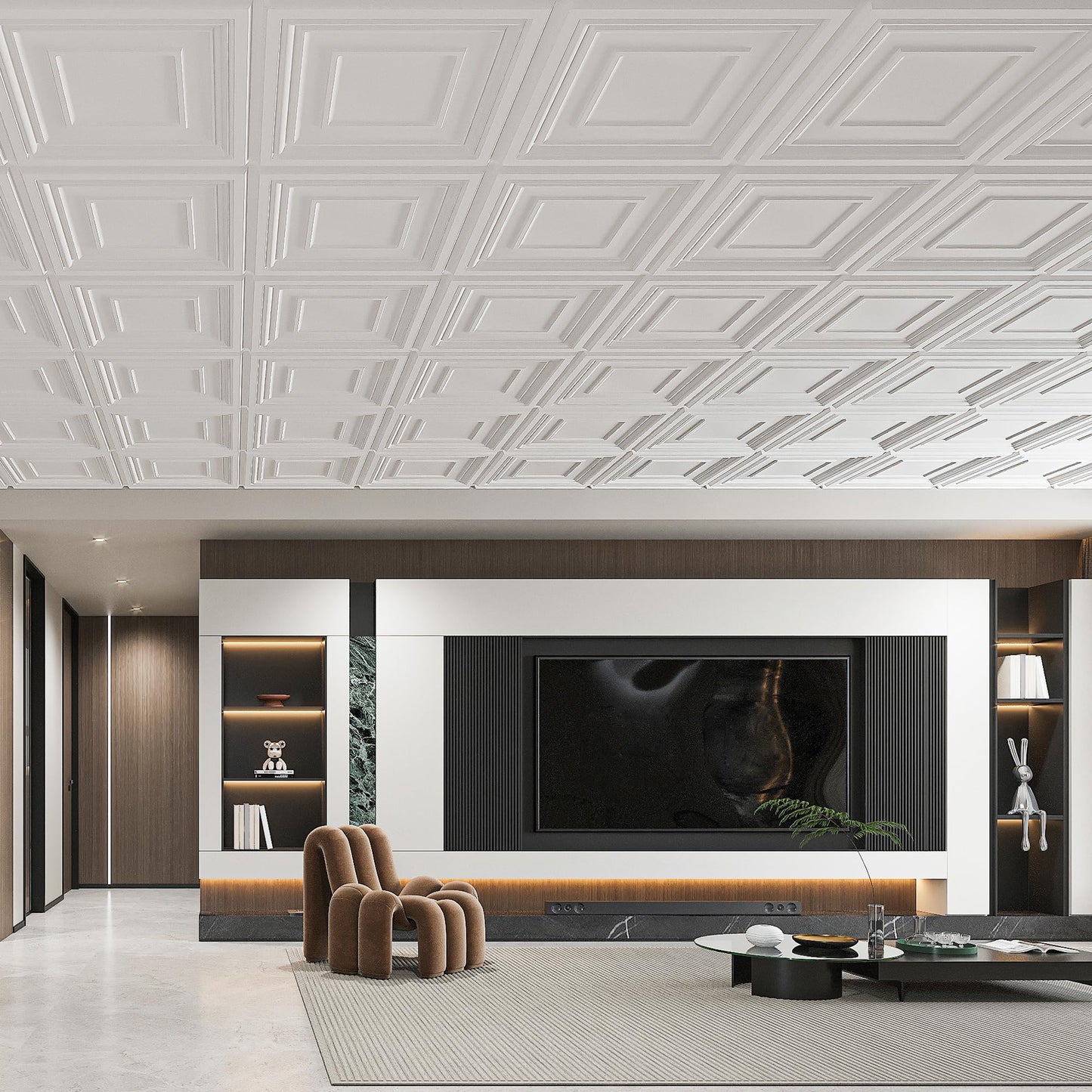 Art3d Drop Ceiling Tiles 24x24 Inch (12-Pack, 48 Sq.ft) – Glue Up PVC Ceiling Tiles 2x2 Ft., Decorative Ceiling Panels for Kitchen, Living Room, Office and Home, White
