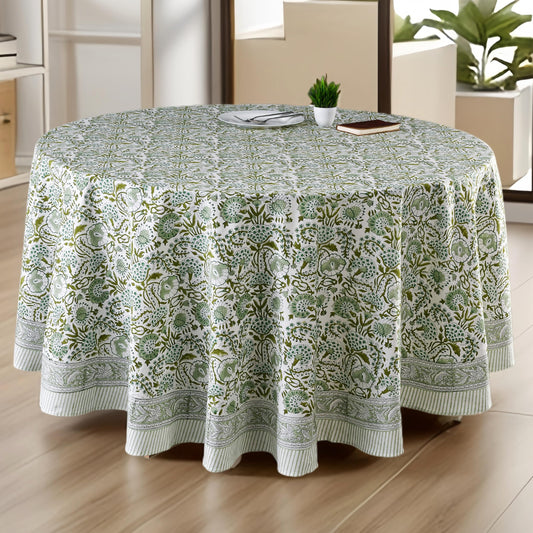 CPC Round Tablecloth- Cotton Indian Block Print Tablecloth -Handmade Printed Washable Cotton Table Cloth - Spring/Summer, Wedding Table Cover - Agate Green 90 Inch