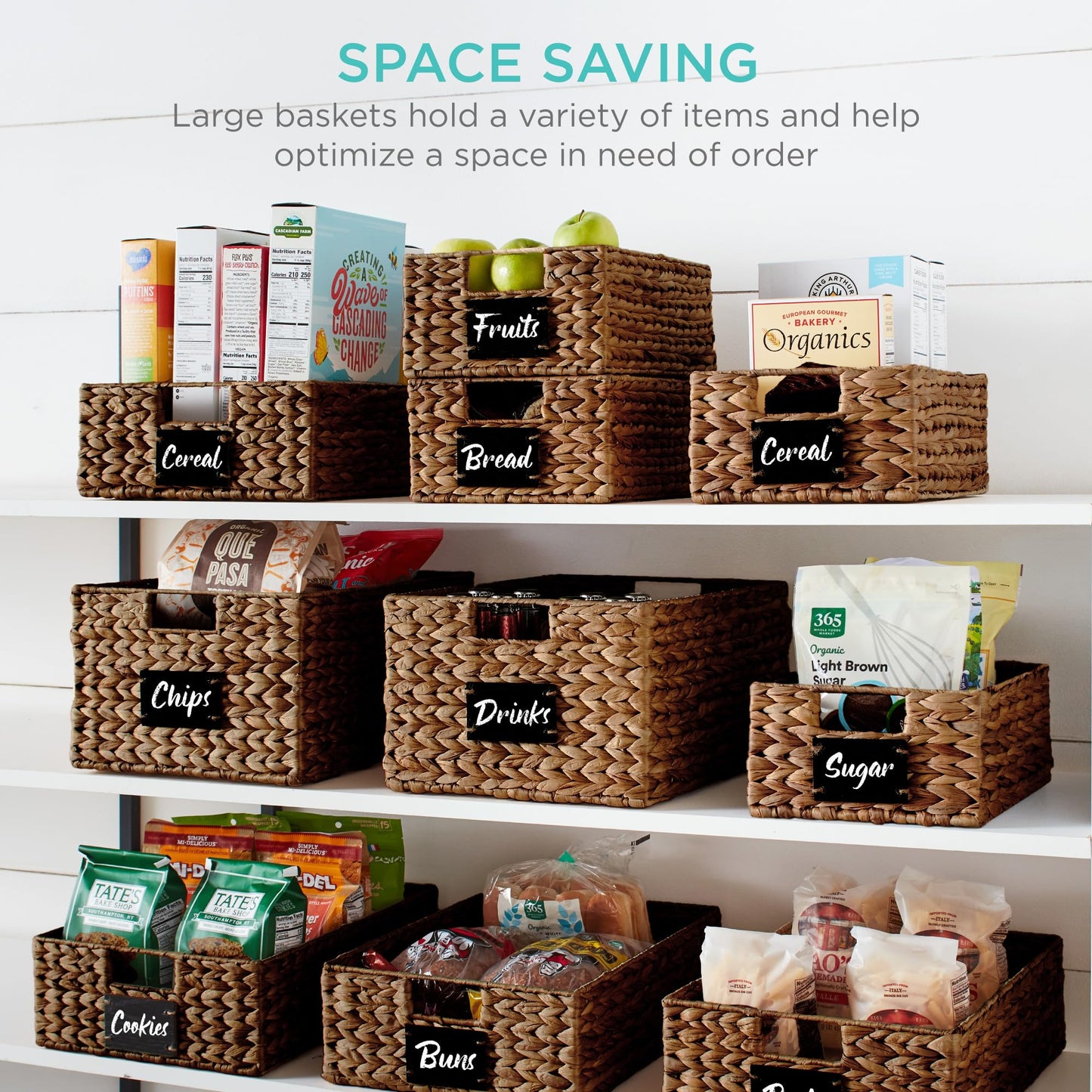 Best Choice Products Set of 4 9x12in Water Hyacinth Pantry Baskets, Woven Organizers w/Chalkboard Label, Chalk Marker - Chestnut
