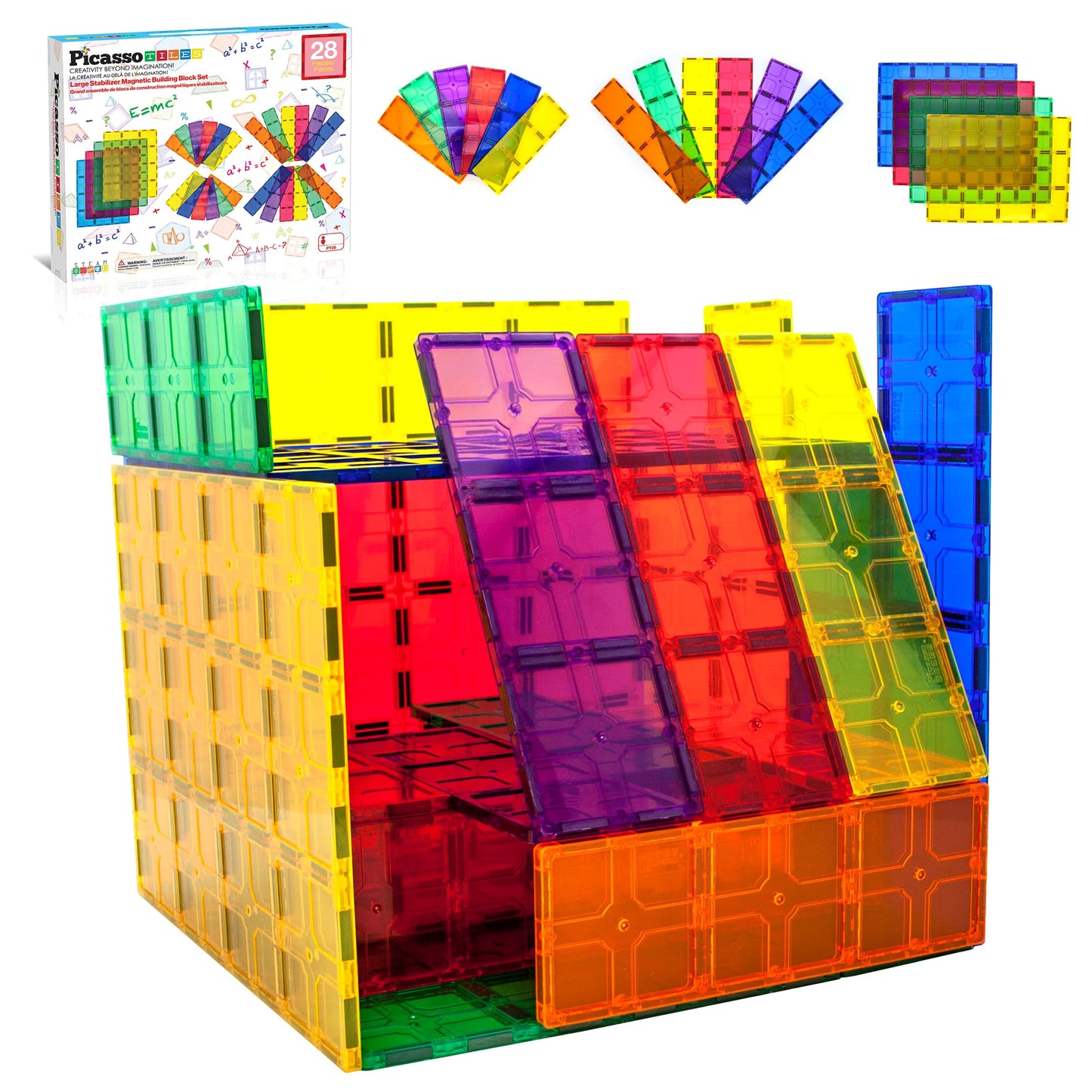 PicassoTiles 60pc Magnetic Building Block Magnet Tile Toy Shop Theme Pretend Play Construction Kit Reconfigurable Printed Structure Double-Sided Printing Education STEM Learning Playset Ages 3+ PTQ50