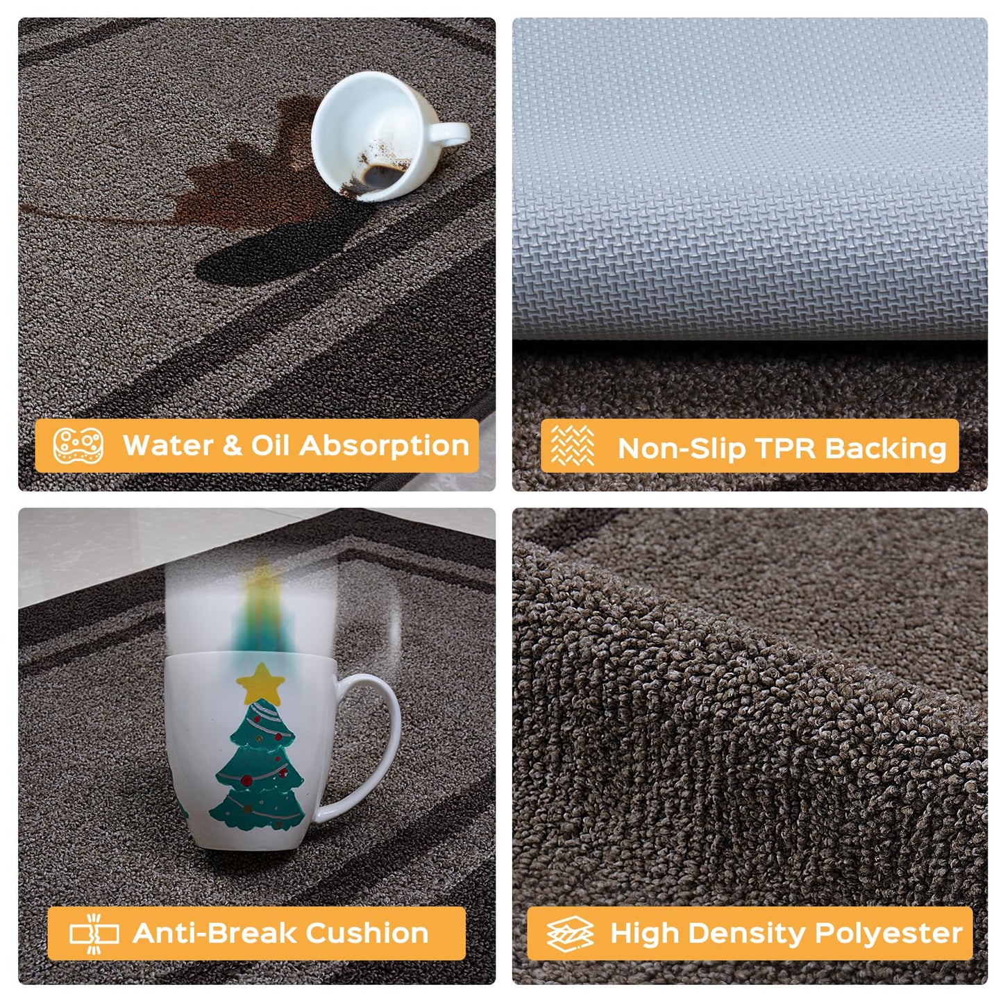 Kitchen Rugs Set (24" x 36"+24" x 60"), Non-Slip Machine Washable Kitchen Runner Rugs Floor Mats, Absorbent Comfort Standing Mat for Kitchen, Sink and Hallway, Rolled Packaging, Grayish Brown & Coffee