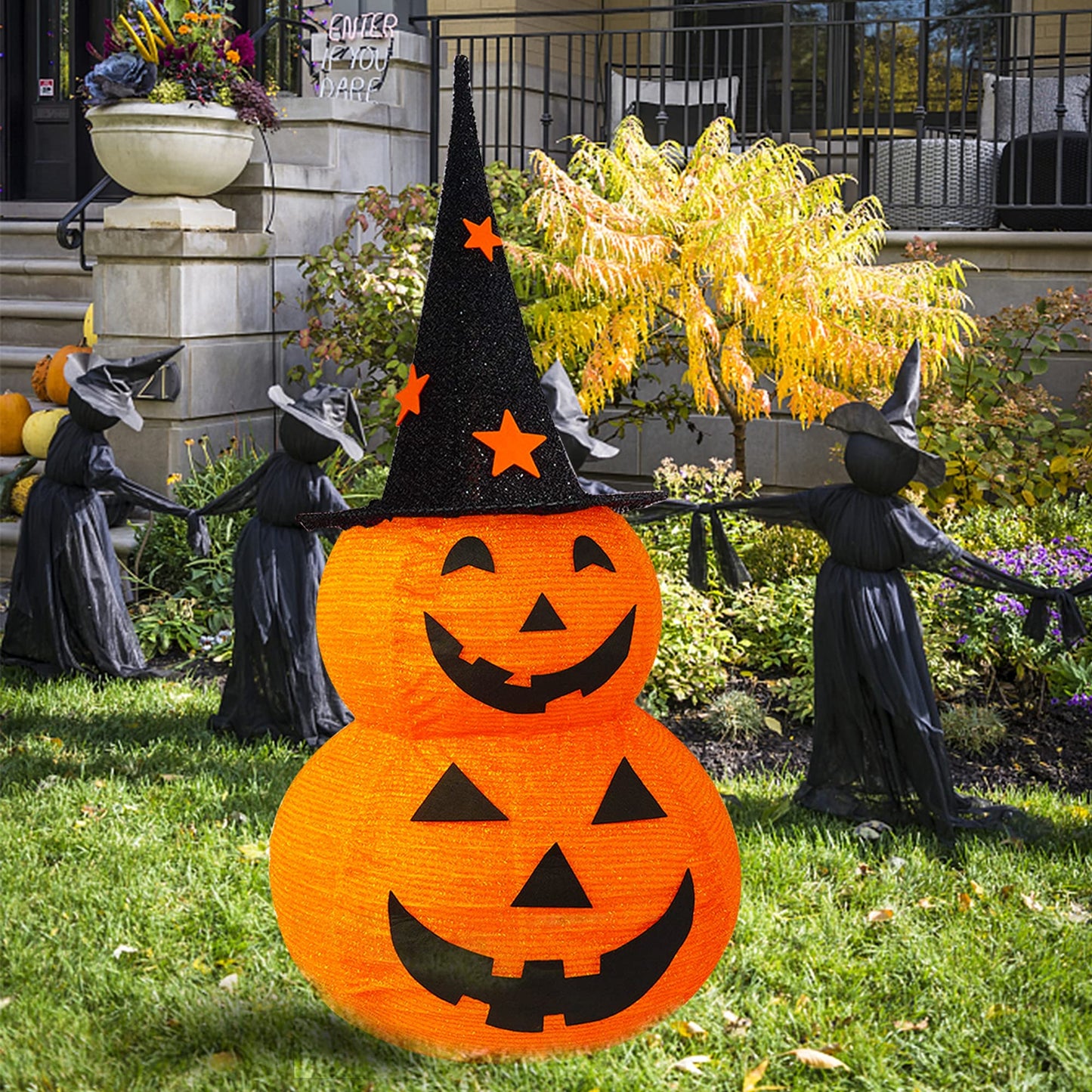 FUNPENY 3FT Halloween Collapsible Pumpkin Decorations, Pre-Lit Light Up 50 LED Pumpkin with Star Hat 8 Lighted Mode, Pop Up Jack-o-Lantern with Metal Stand for Indoor Outdoor Yard Holiday Decor