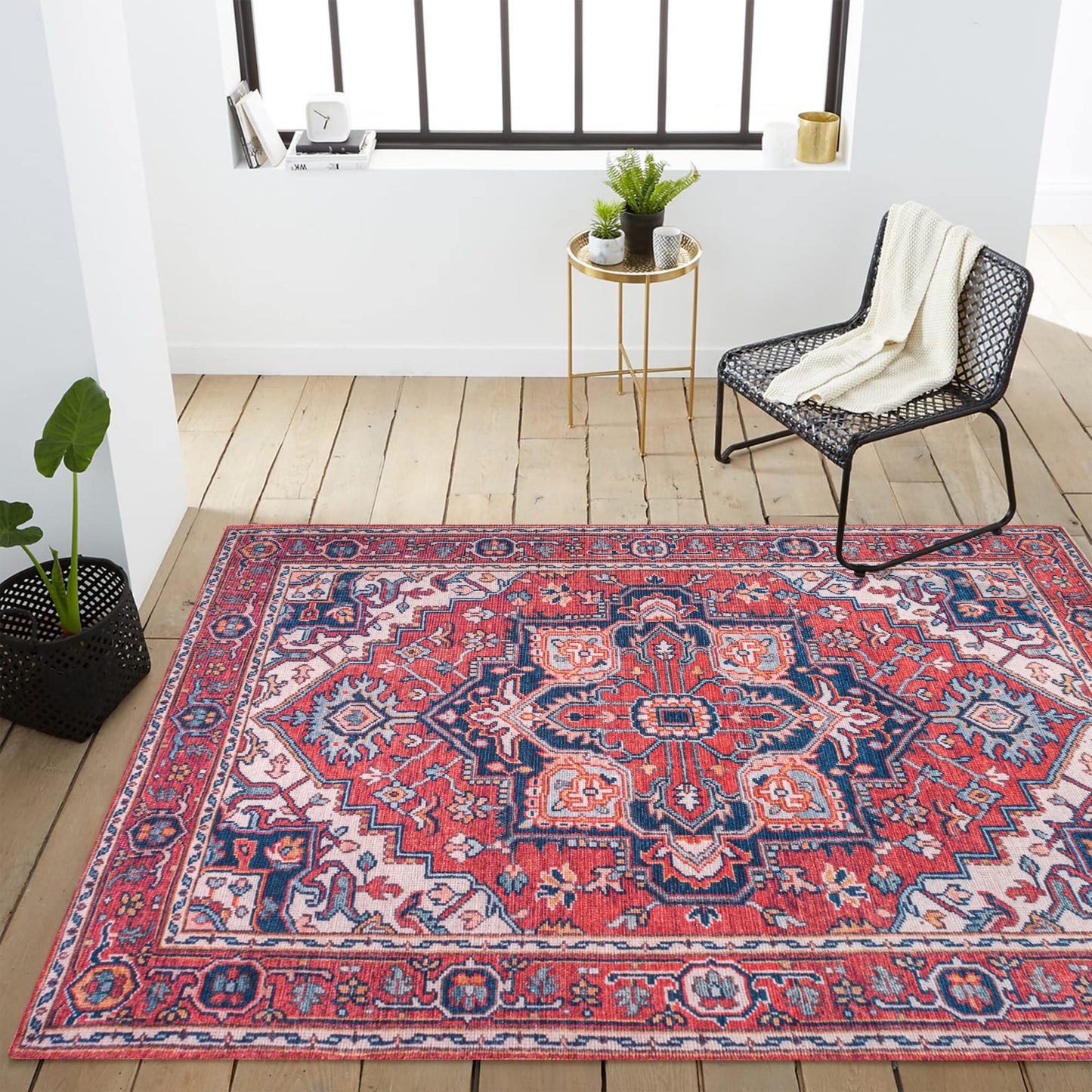 JONATHAN Y Machine Washable Red/Navy Indoor Area Rug 4X6 ft, Cirali Ornate Large Medallion for Living Room, Bedroom, Kitchen, Office, Easy-Cleaning, High Traffic, Pet-Friendly, Non-Shedding WSH105A-4