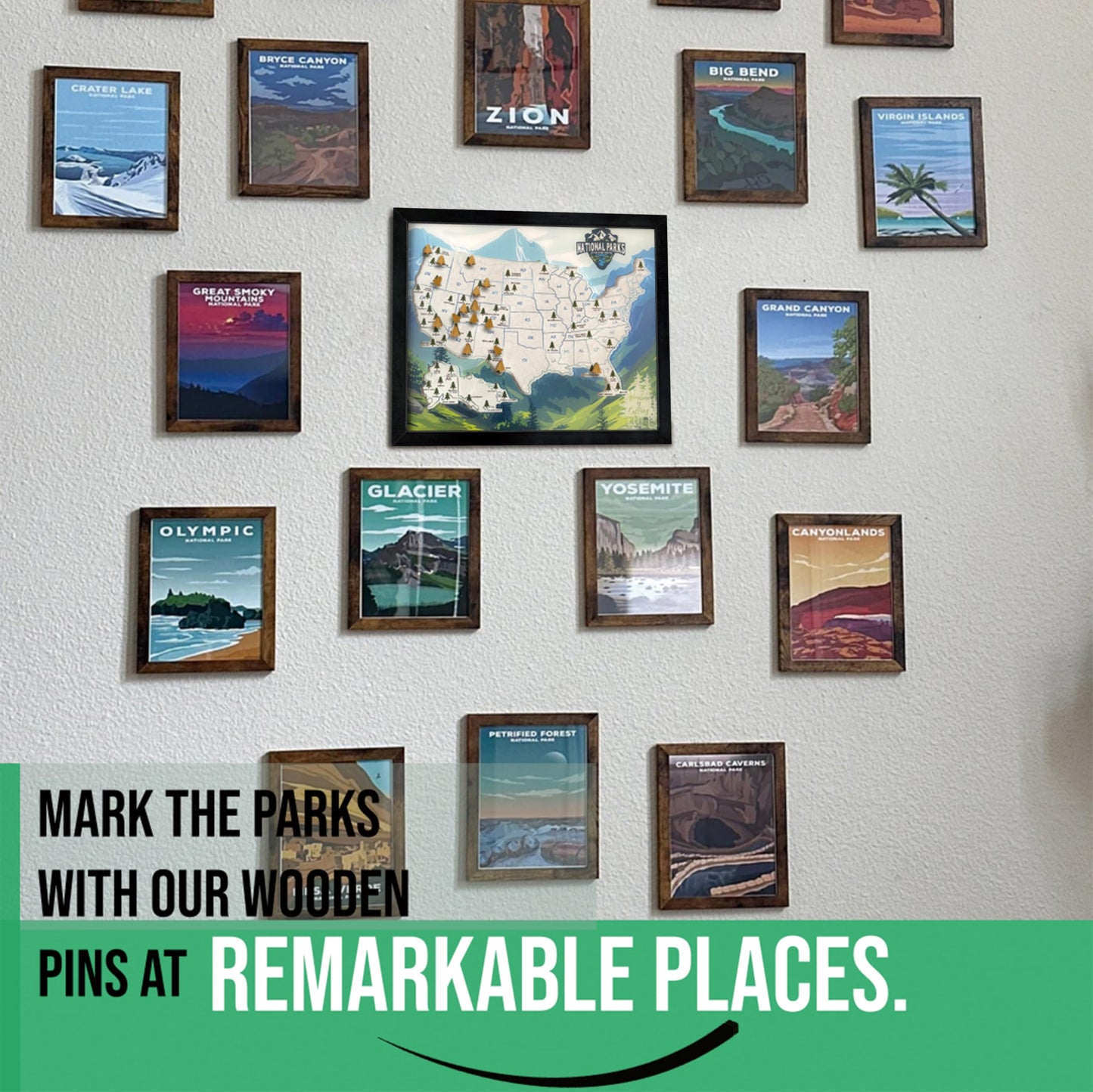 flinelife National Parks Map With Wooden Pine Tree Pins, 13X11, National Park Bucket List Cork Map, Perfect for National Parks Lovers, Hiker, Couples and Families Gift
