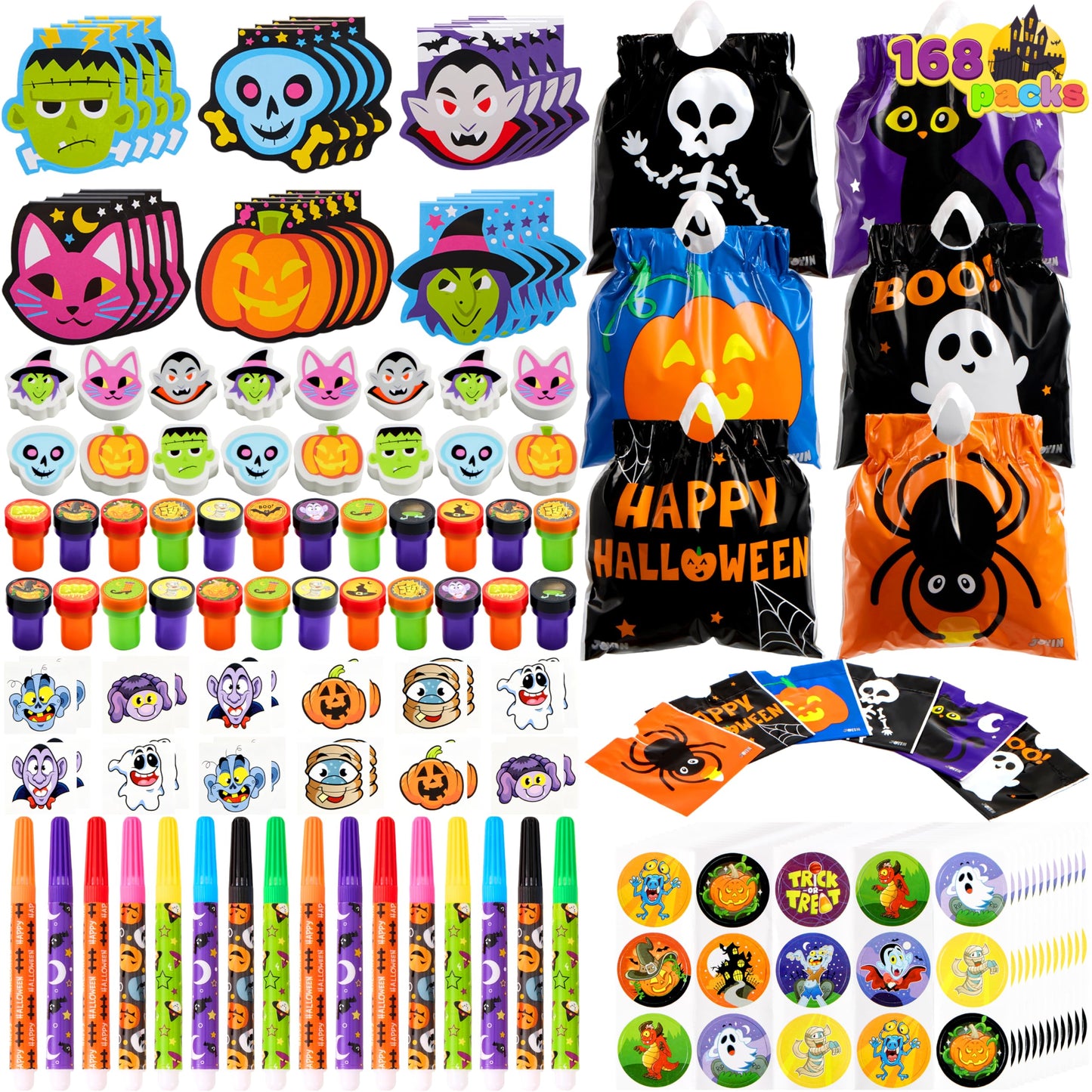 168 Pcs 24 Pack Assorted Halloween Art and Craft Stationery Kids Gift Set Trick or Treat Party Favor Toy Including Halloween Bag, Notepads, Stamps, Pencils, Stickers and Temporary Tattoos