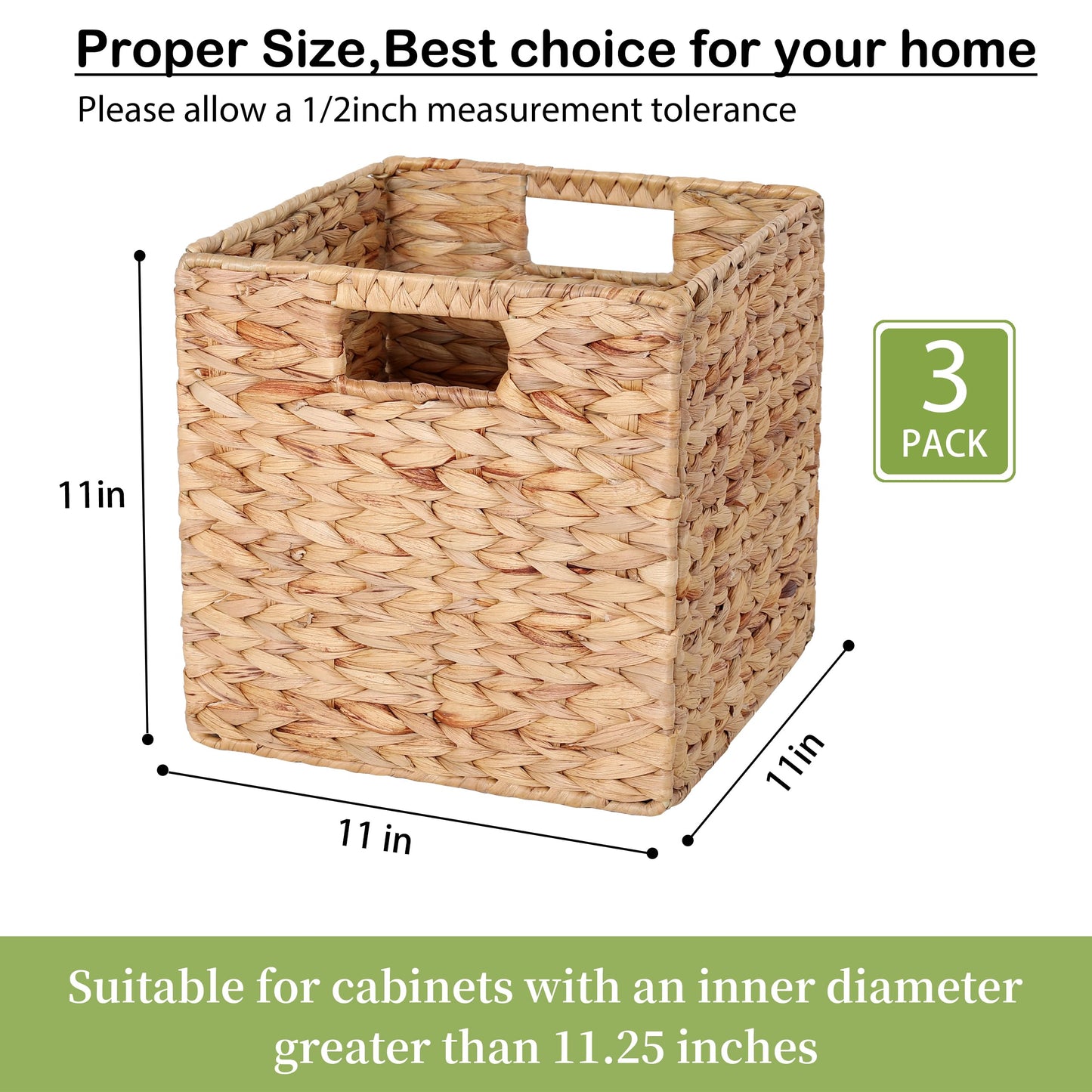 11x11x11in Water Hyacinth Storage Baskets, 11 Inch Cube Storage Bins, Woven Baskets for Storage, Wicker Storage Basket for Shelves Set of 3