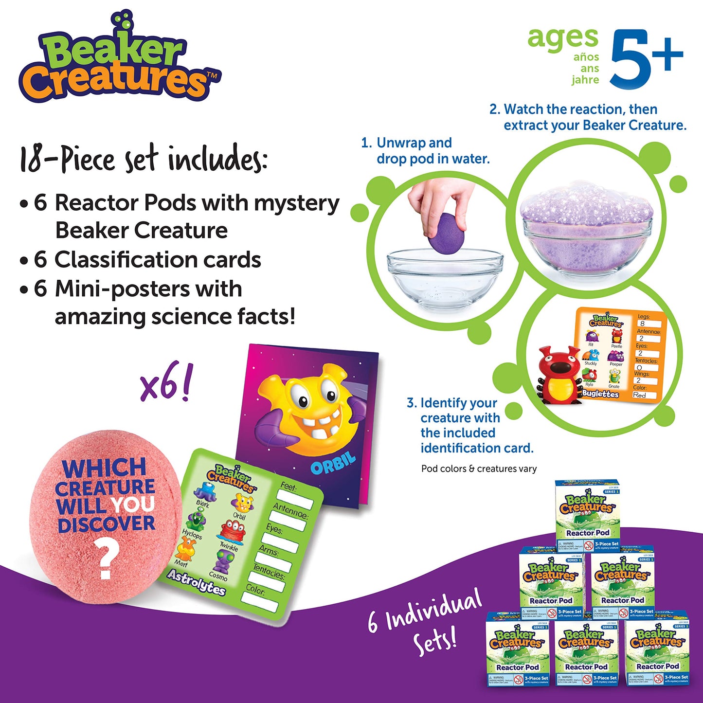 Learning Resources Beaker Creatures Reactor Pods,Series 1, STEM Certified Science Toy, Fun Experiments for Kids, 6 Pack, Ages 5+, Multicolor, LER3824