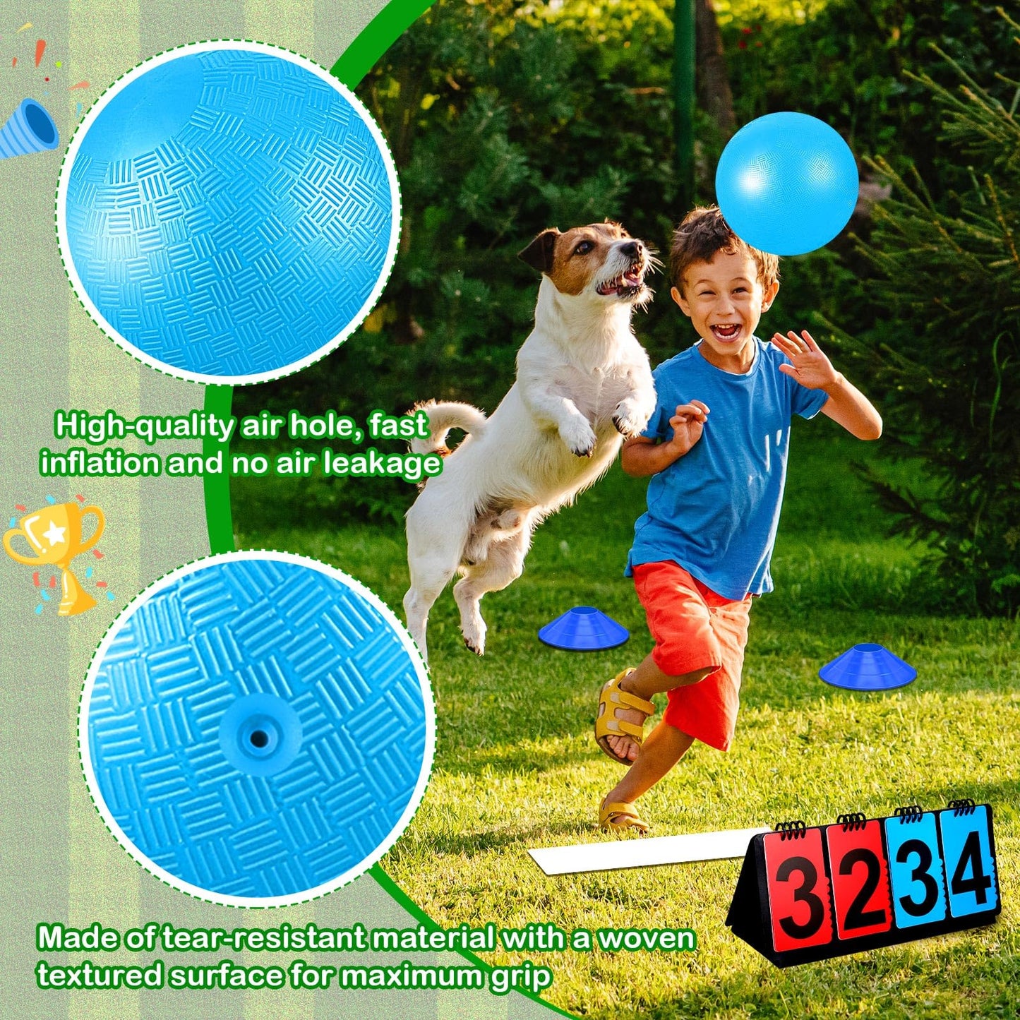 Jenaai 18 Pcs Sports Kickball Set Includes 10 Inches Playground Ball 5 Rubber Throw Down Bases Ball Pump Scoreboard Net Bag 10 Foul Line Cones for Kids Adults Playground School Backyard Game (Blue)