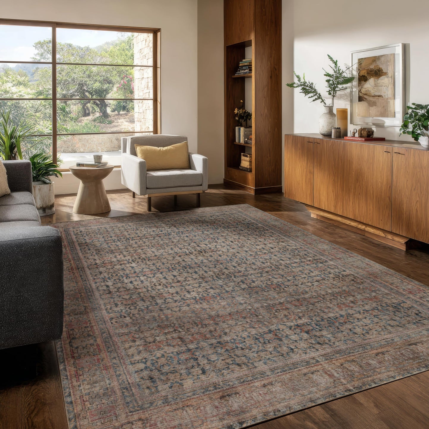 Kuden 5x7 Area Rug, Machine Washable Area Rug with Non-Slip Backing, Vintage Style, Soft, Easy Clean, Low Pile Rug for Living Room, Bedroom, Dining Room