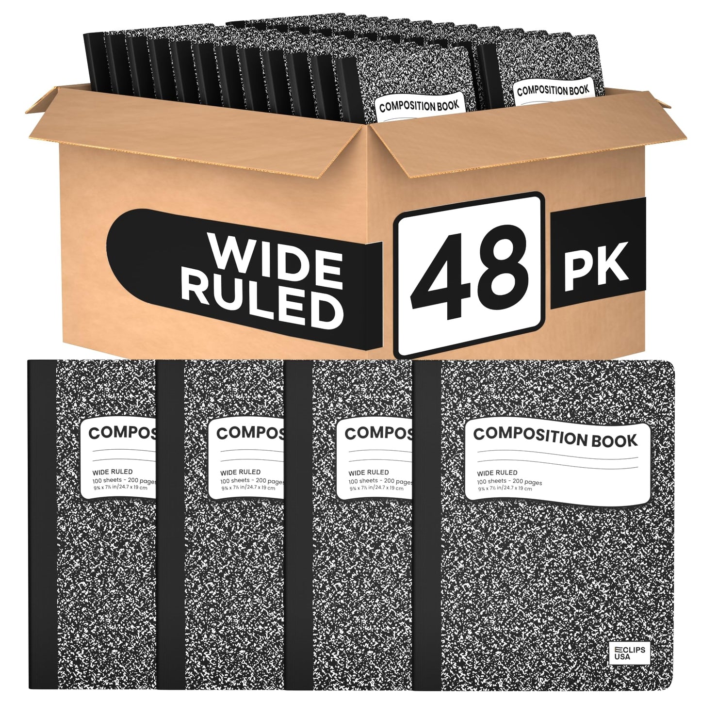 VEEBOOST Composition Notebook Wide Ruled Marble Composition Notebooks Bulk Wide Ruled Notebooks for School 9.75 x 7.5” 200 Pages 100 Sheets (48 Pack)
