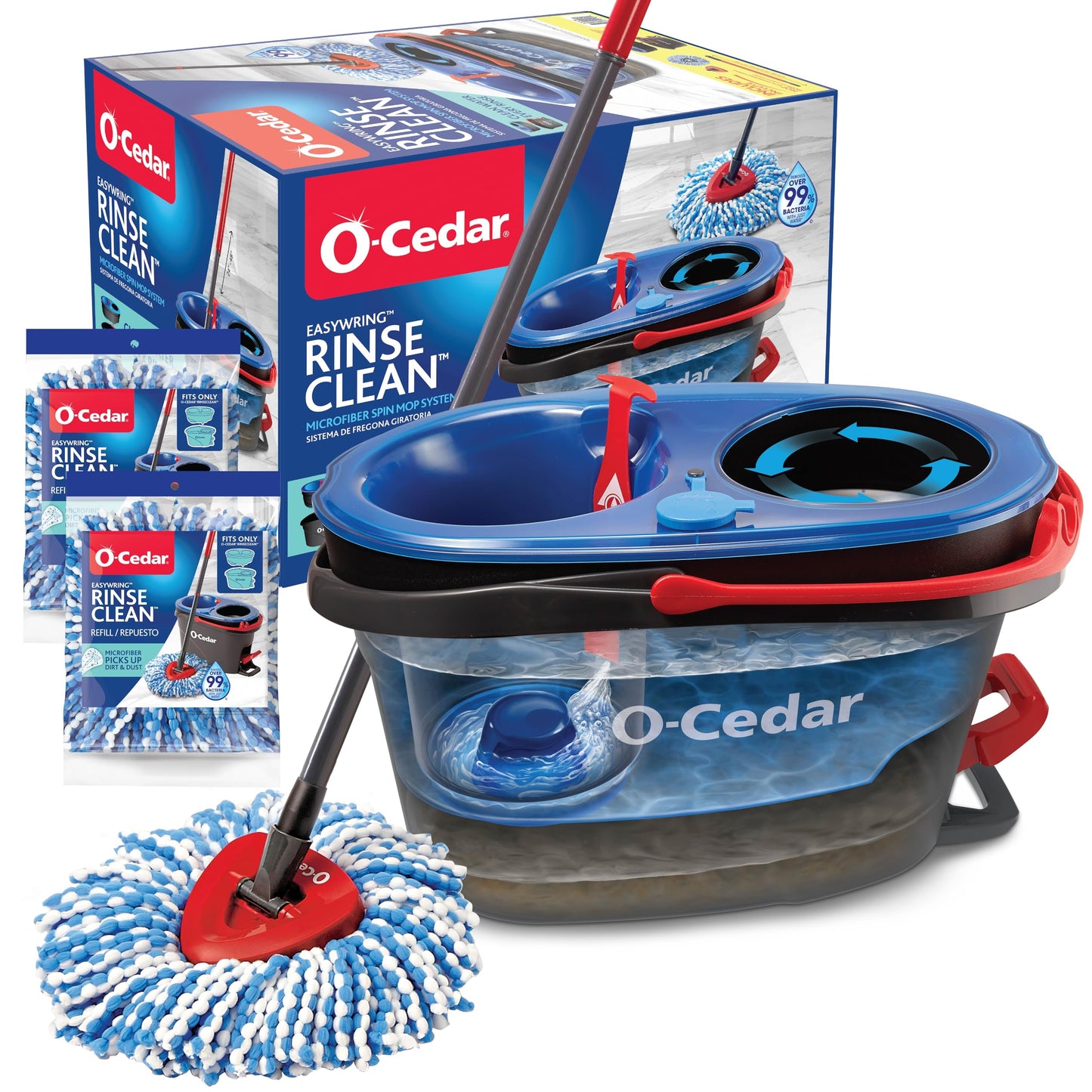 O-Cedar RinseClean Spin Mop & Bucket System + 2 Extra Mop Heads| Clean with Water | Removes 99% of Bacteria Plastic