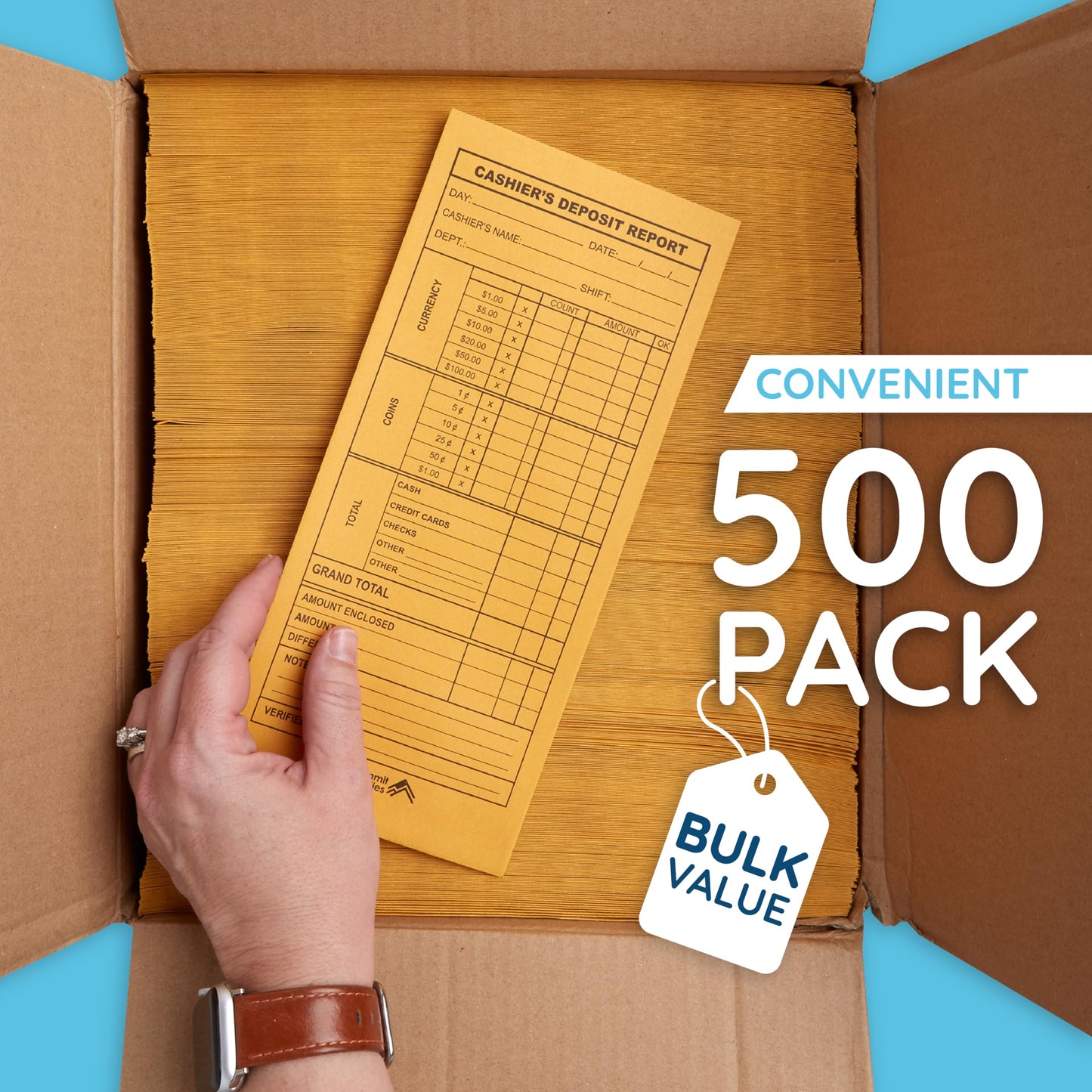 Blue Summit 500 Cash Deposit Envelopes, Cash Drop Envelopes for Small Business, Retail & Restaurant, Money Deposits, Bank, Cashier Use, 24lb Brown Kraft, Peel & Seal, 4 1/2" x 10 3/8", 500 Count