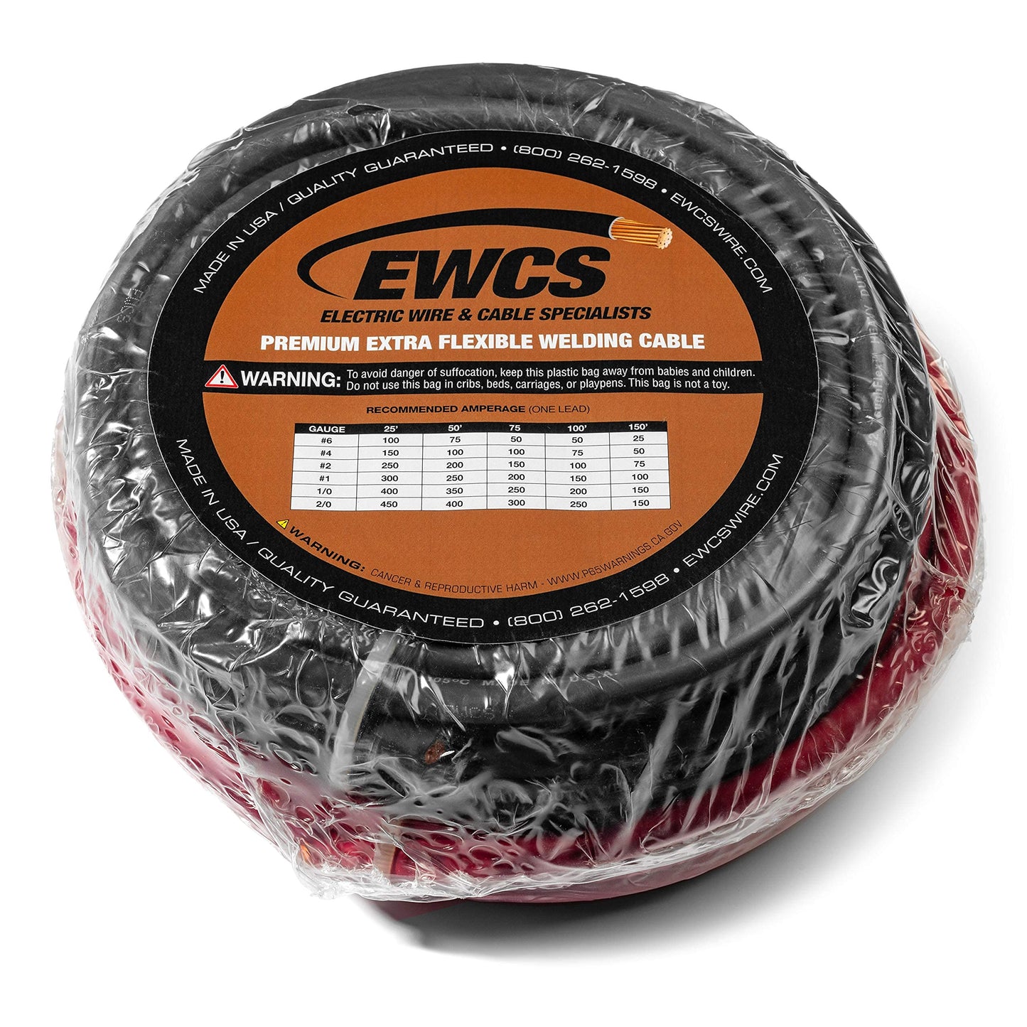 EWCS 6 Gauge Premium Extra Flexible Welding Cable 600 Volt Combo Pack - Black+Red 25 Feet of Each - Made in The USA