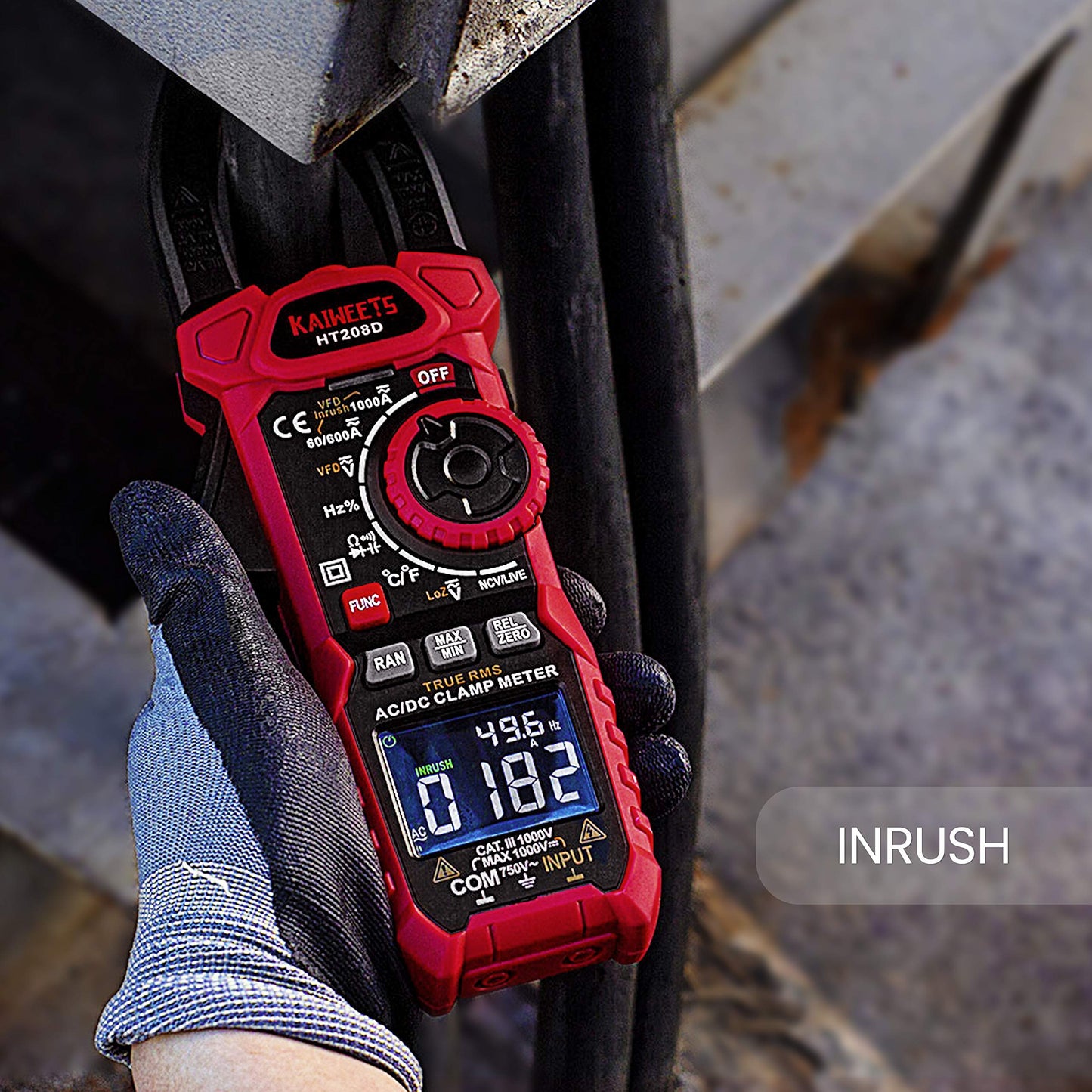 KAIWEETS HT208D Inrush Clamp Meter 1000A True RMS AC/DC Current Amp Meter, VFD, LOZ Mode, 6000 Counts, Measures Current Voltage Temperature Capacitance Resistance Diodes Continuity Duty-Cycle
