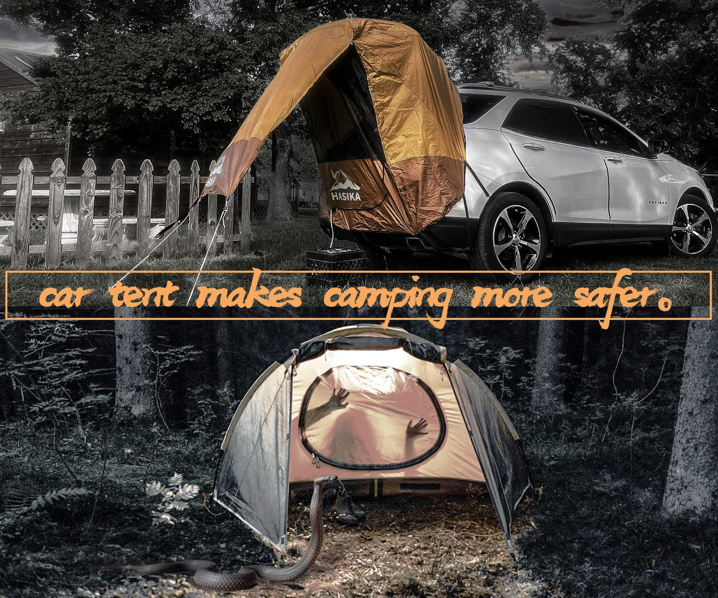 Hasika SUV Camping Tent Car Tailgate Shade Awning with Screen Net Waterproof 3000MM UPF 50+ Black (Large)