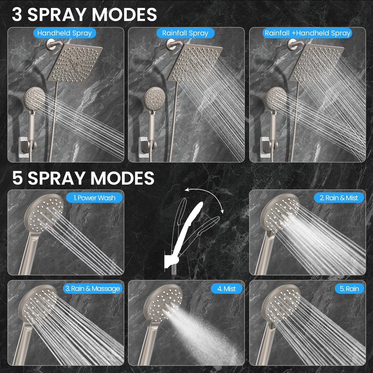 Veken High Pressure Rain Shower Head with Multi-Functions, Square Rainfall Shower Heads with 5-Mode Handheld Spray Combo, Detachable Hand Held Showerhead with Hose, Double Regaderas Para,Starlight