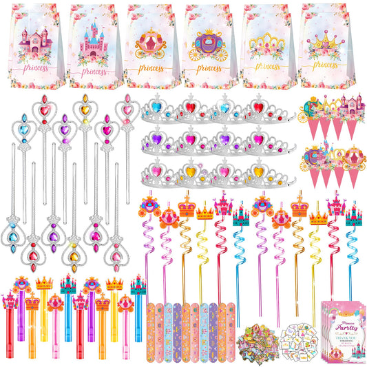 308PCS Princess Birthday Party Decorations Favors, Including Goodie Bags, Crown, Magic Wand, Straws, Bubble Wands, Stickers, Cake Toppers, Tattoo & More-Perfect for Party Decorations & Pinata Fillers