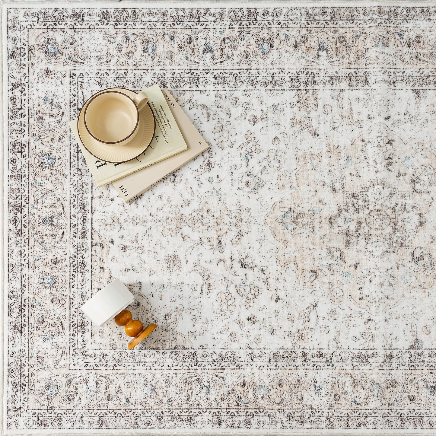 WondRg 6x9 Washable Vintage Area Rug for Living Room Bedroom Beige Grey Soft Tranditional Non Slip Large Throw Rug Lightweight Floral Low Pile Distressed Carpet Office Playroom Dinning Laundry Room