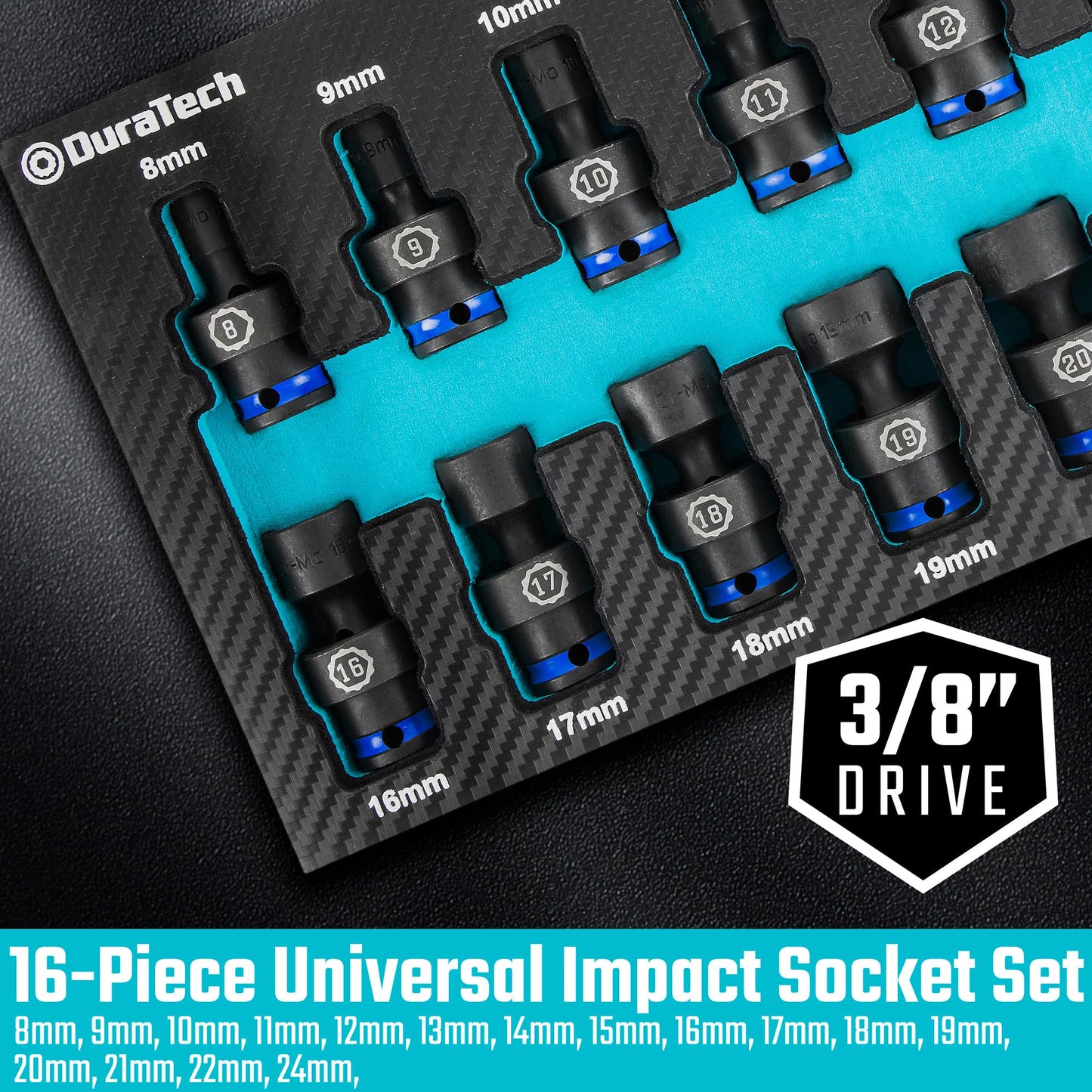 DURATECH 3/8" Drive Impact Universal Joint Socket Set, Swivel Socket Set, 16-Piece, Metric, 8-24MM, Cr-Mo Steel, Organized in EVA Foam Organizer