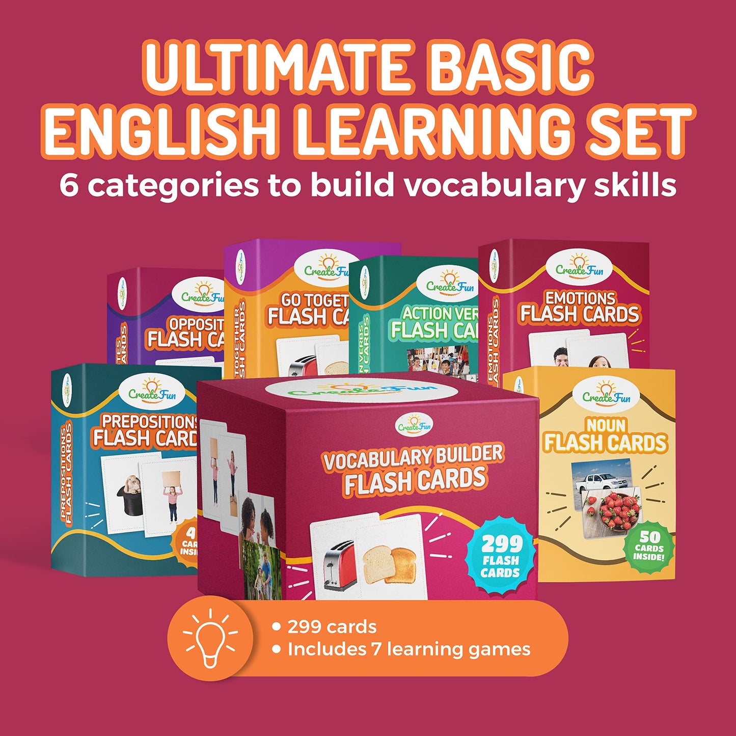 299 Vocabulary Builder Flash Cards, Educational Photo Cards for Home, Speech Therapy Materials, ESL Teaching Materials Includes Emotions, Matching Go Togethers, Nouns, Opposites, Prepositions, Verbs