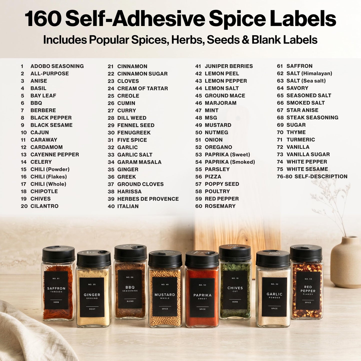 EDELHAUS Glass Spice Jars with Labels & Black Rotating Lids – 12 Large Square Airtight Containers 6.7 oz / 200ml with Shaker Inserts, Funnel & 160 Waterproof Labels for Kitchen Pantry Organization