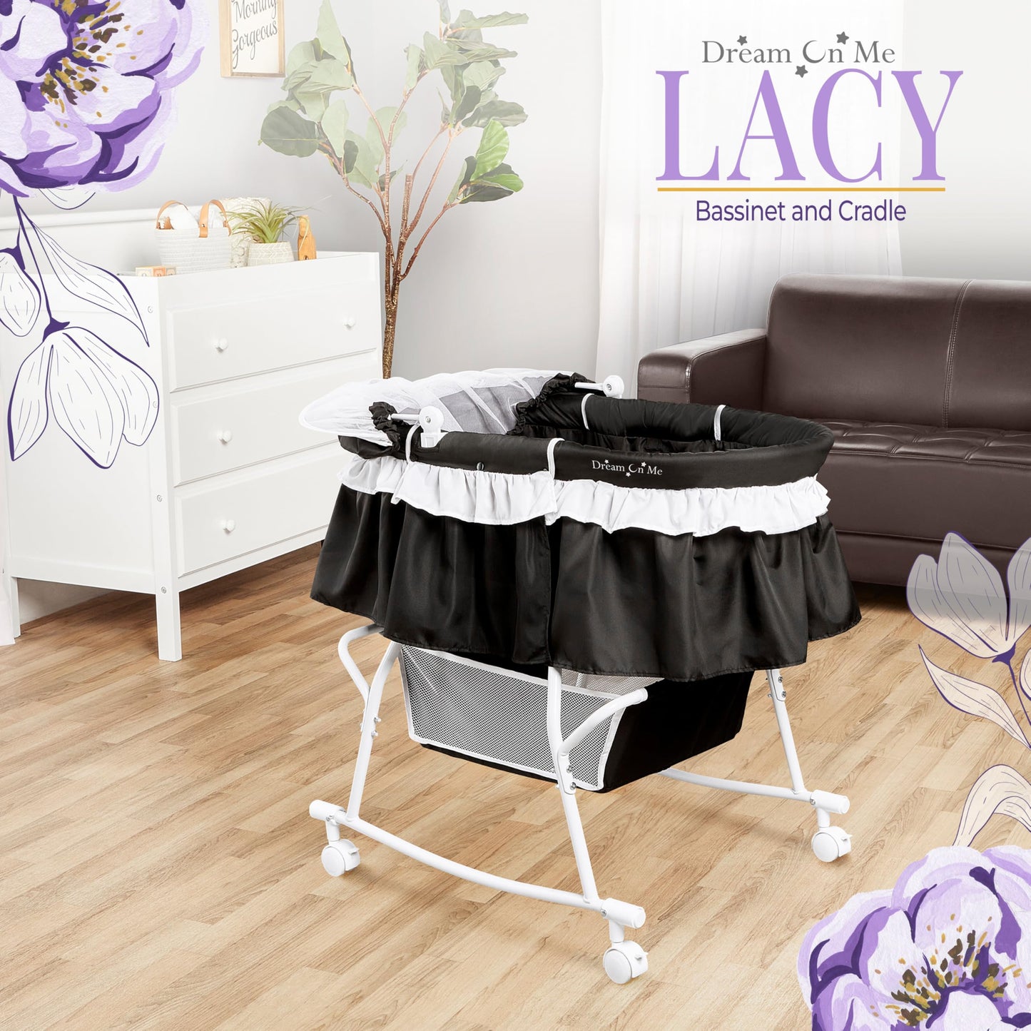 Dream On Me Lacy Portable 2-in-1 Bassinet & Cradle with Full Canopy, Storage Basket, Locking Wheels, Lightweight Frame, BSA Certified, Includes 1” Mattress Pad -Black