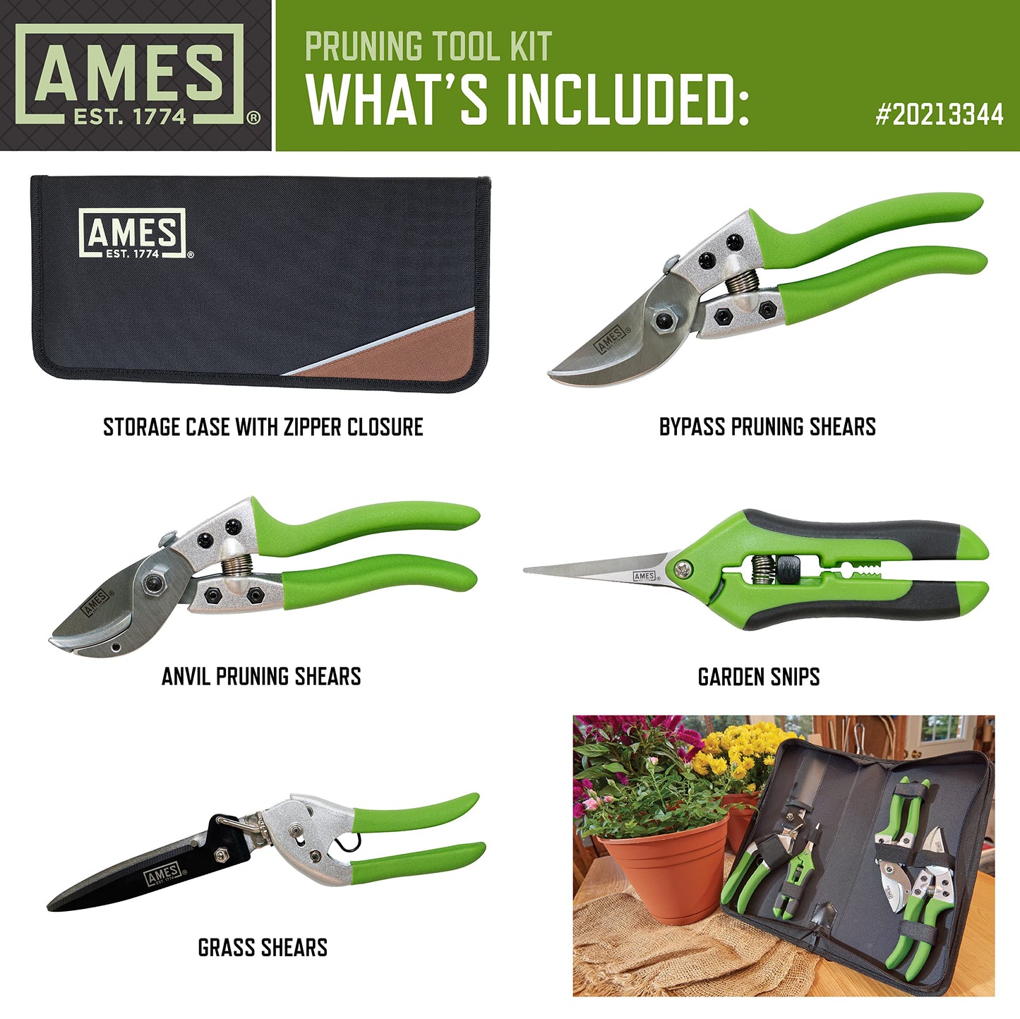 AMES 20213344 4-pc. Pruning Tools Kit with Bypass & Anvil Pruners, Garden Snips, Grass Shears & Canvas Case
