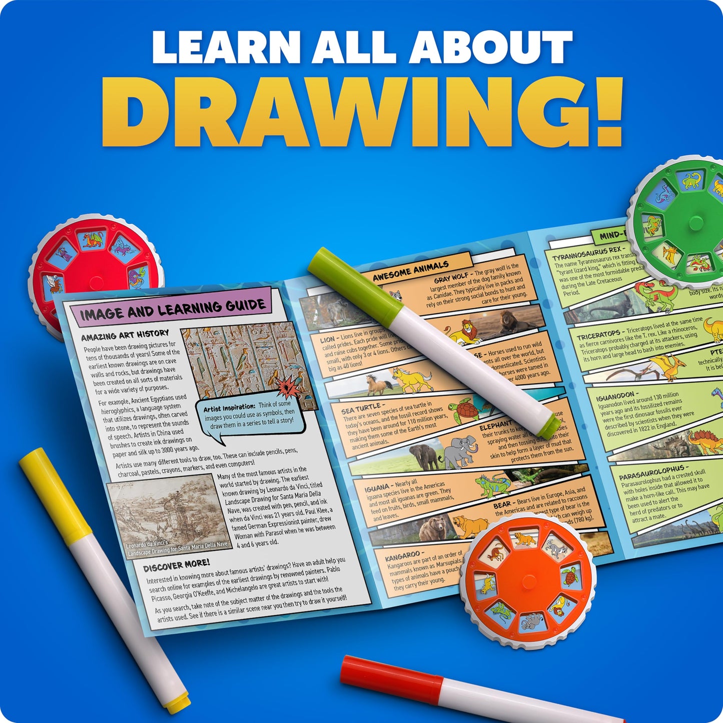Blue Marble Learn To Draw Projector - Kids Image Projector for Tracing with 9 Colourful Markers & 4 Image Discs with 25 Animals, Dinos & Creatures to Draw, Patent-Pending Drawing Projector for Kids