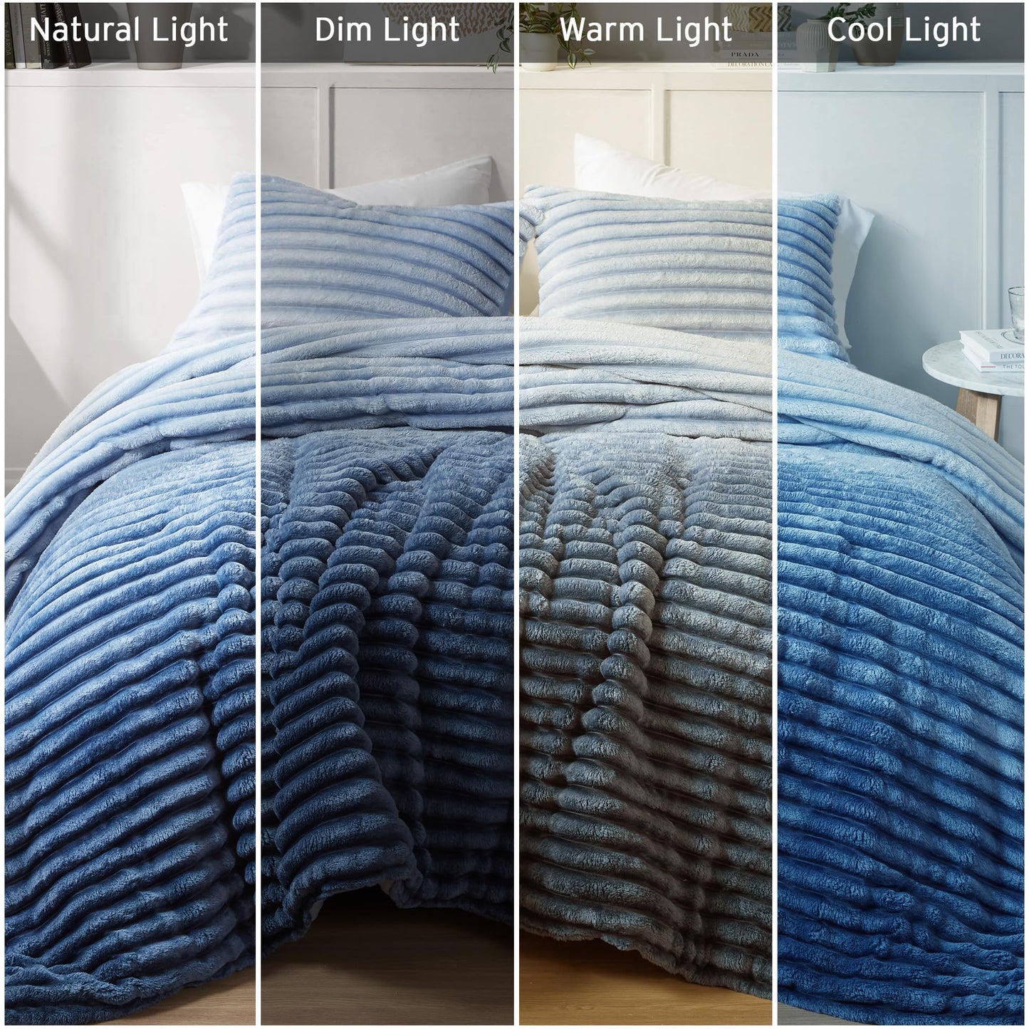 Intelligent Design Queen Comforter Set, Plush Bedding, Microfiber Reverse, 3 Piece, Lightweight, Super Soft Ribbed Velvet Comforter 2 Shams, All Season Fluffy Bed Set, Avril, Full/Queen Blue Ombre