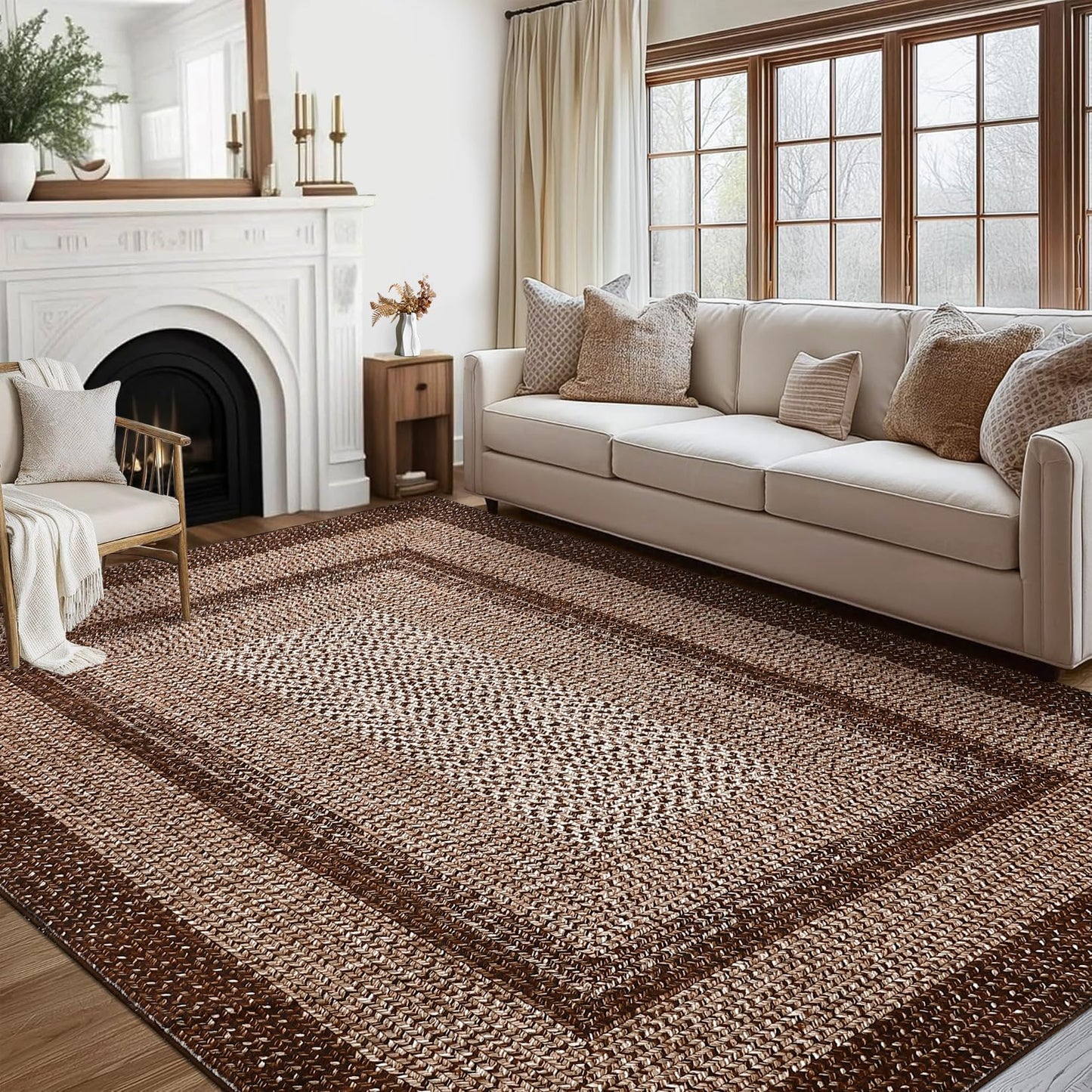 RUGSREAL Washable Rug 5x7 Boho Accent Bedroom Rugs Modern Geometric Floor Carpet Indoor Low Pile Non Slip Farmhouse Rustic Bohemian Carpet for Living Room Nursery Kitchen, Brown