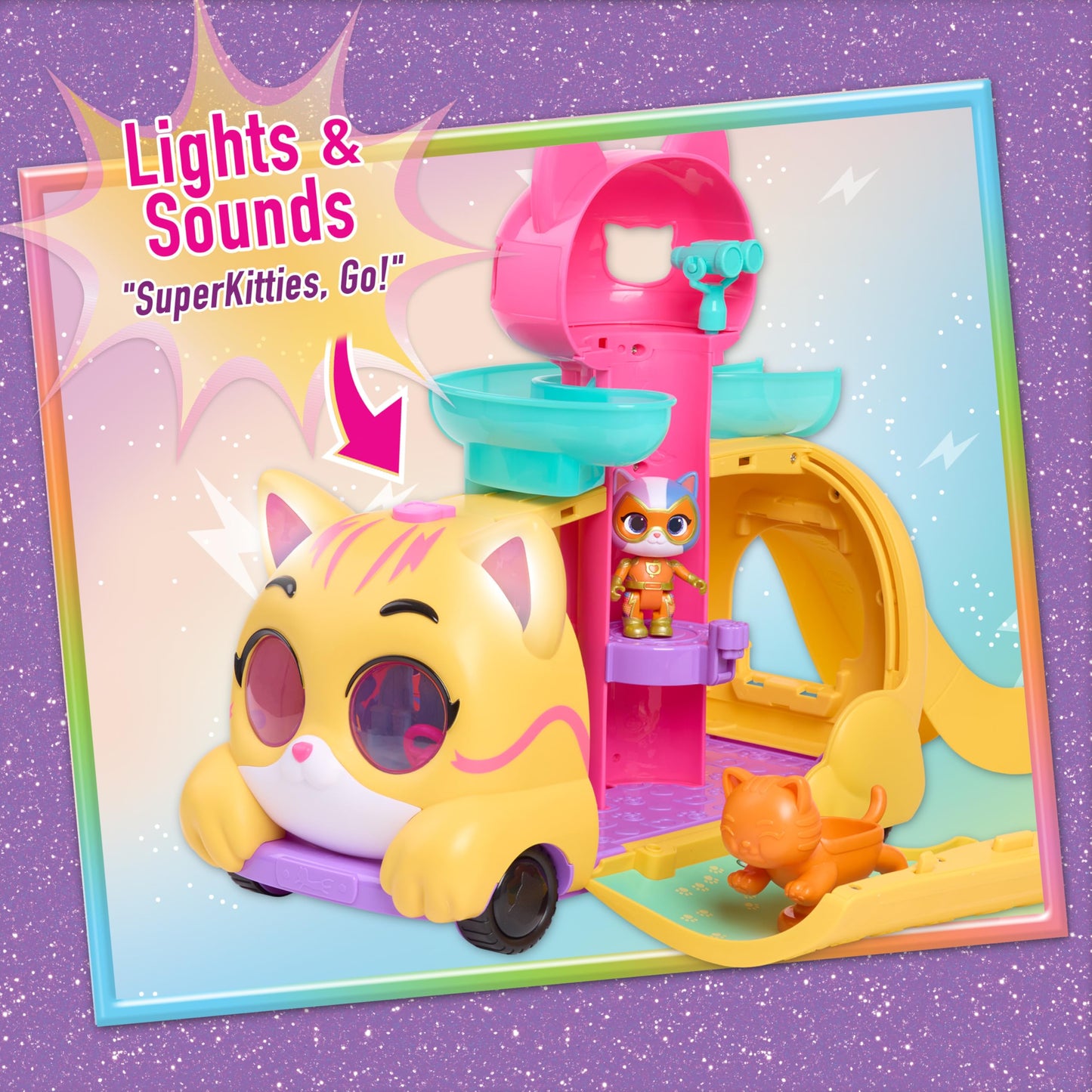 Disney Junior SuperKitties Purr ‘N’ Go Lights and Sounds Playset, 10 Pieces, Articulated Figures, Officially Licensed Kids Toys for Ages 3 Up, Gifts and Presents