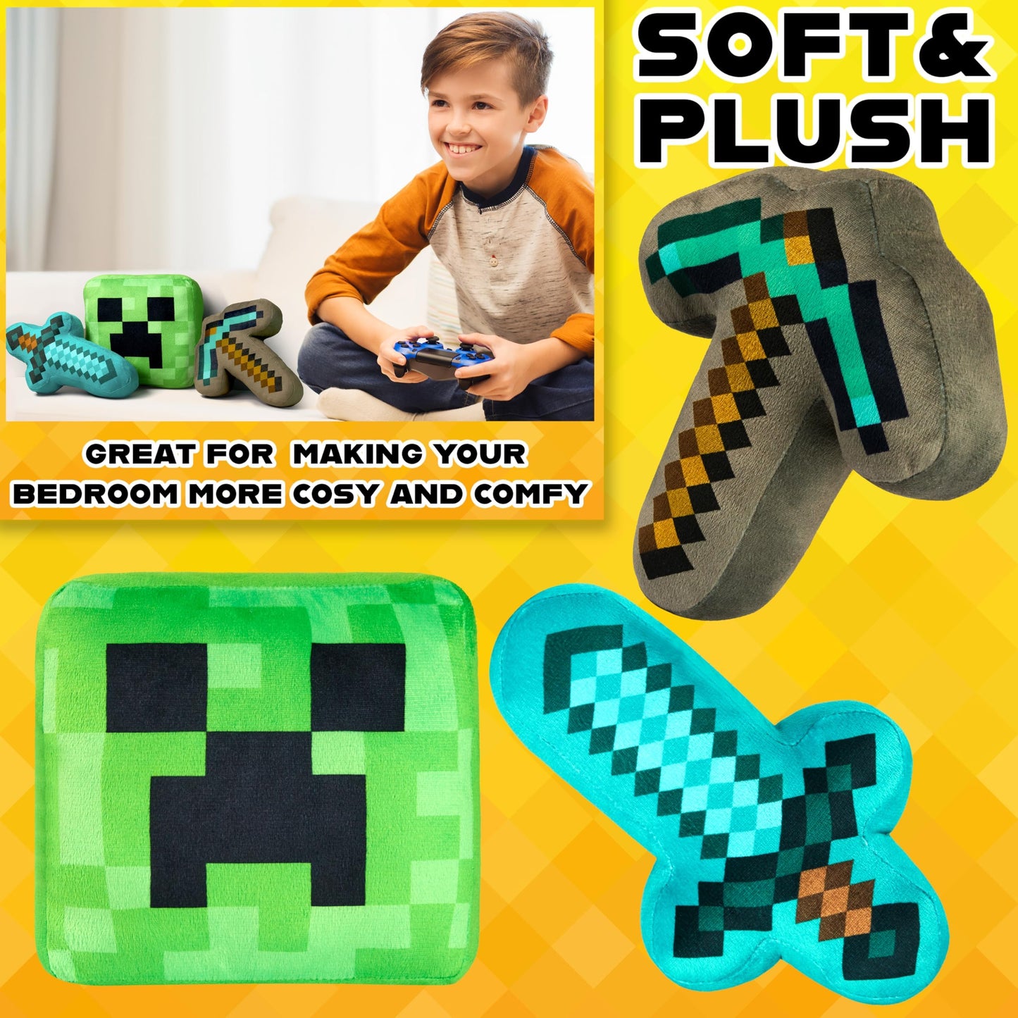 Minecraft Cuddly Toy Pack of 3 Plush Toys from 1 Year Plush Cushion Children Plush Toys for Children Baby Teenagers Gaming Gifts Birthday
