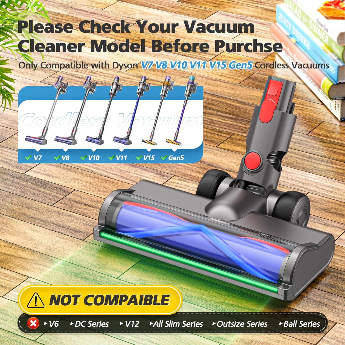 Vacuum Head Attachment Compatible with Dyson V7 V8 V10 V11 V15 Gen5 Cordless Vacuums, Upgraded with Full-Area LED Green Light, Quick-Release Design for Hard Floors and Low-Pile Carpets