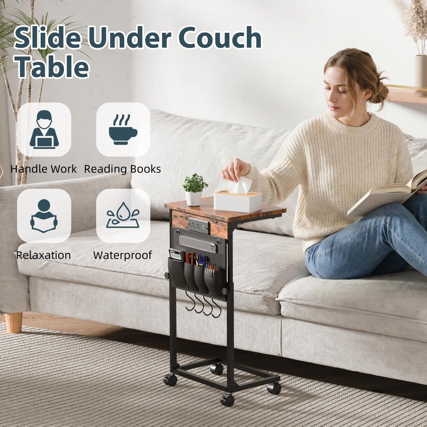 DENYKO Adjustable Height Couch Table with USB-C Charging Station & Pocket Storage – Compact Couch Stand with Hooks & Wheels for Small Spaces & Living Room, Adjustable C Table (Rustic Brown)