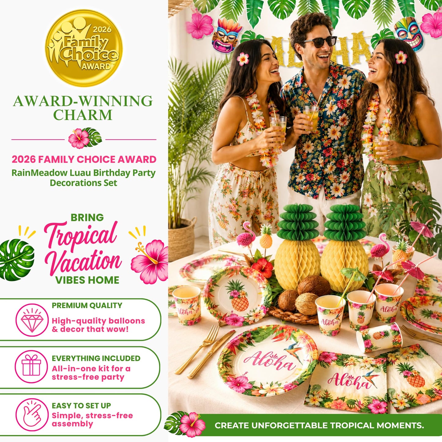 RainMeadow Premium Luau Birthday Party Decorations Set for 25 guests - Hawaiian Theme with Aloha Banner, Balloons, Flamingo, Tableware - Tropical Luau Party Supplies