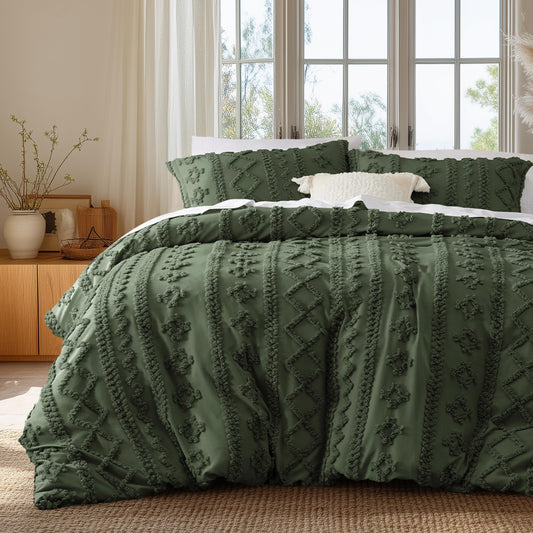Bedsure Boho Duvet Cover King Size, Soft & Comfortable Elegant Design Boho Bedding for Decoration, Machine Washable Comforter Cover for All Seasons,Includes 1 Duvet Cover & 2 Pillow Shams,Olive Green