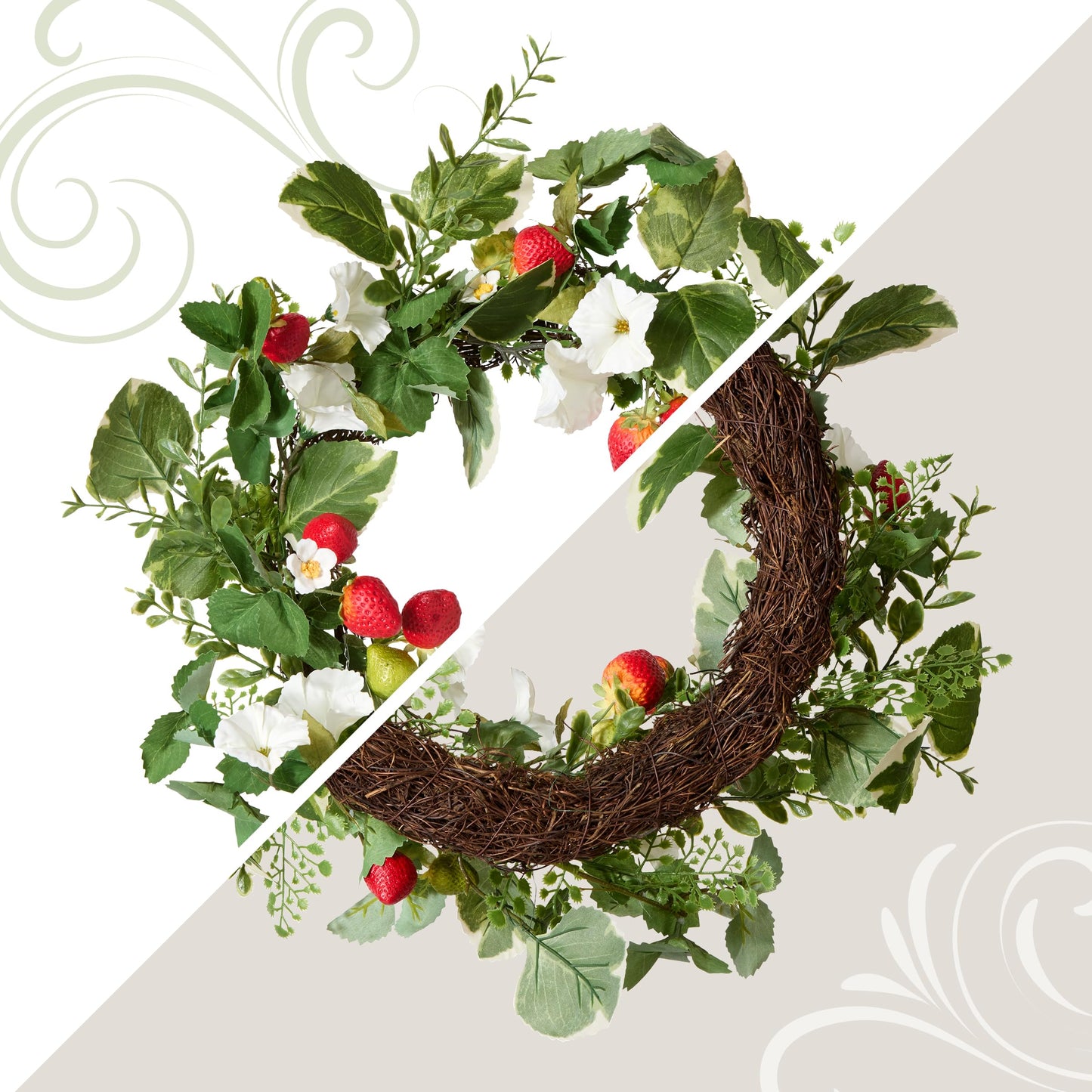 National Tree Company Artificial Spring Wreath, Woven Branch Base, Decorated with Strawberries, Petunia Blooms, Leafy Greens, Spring Collection, 22 Inches