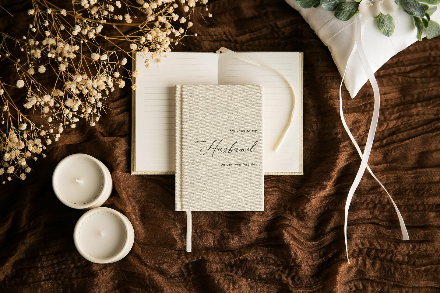MUUJEE Hard Cover Vow Books (Set of 2) - Cream Canvas Linen Foil Embossed Wedding Ceremony Vow Renewal Speech Books, Couple Gifts for Engagement (to My Husband/Wife)